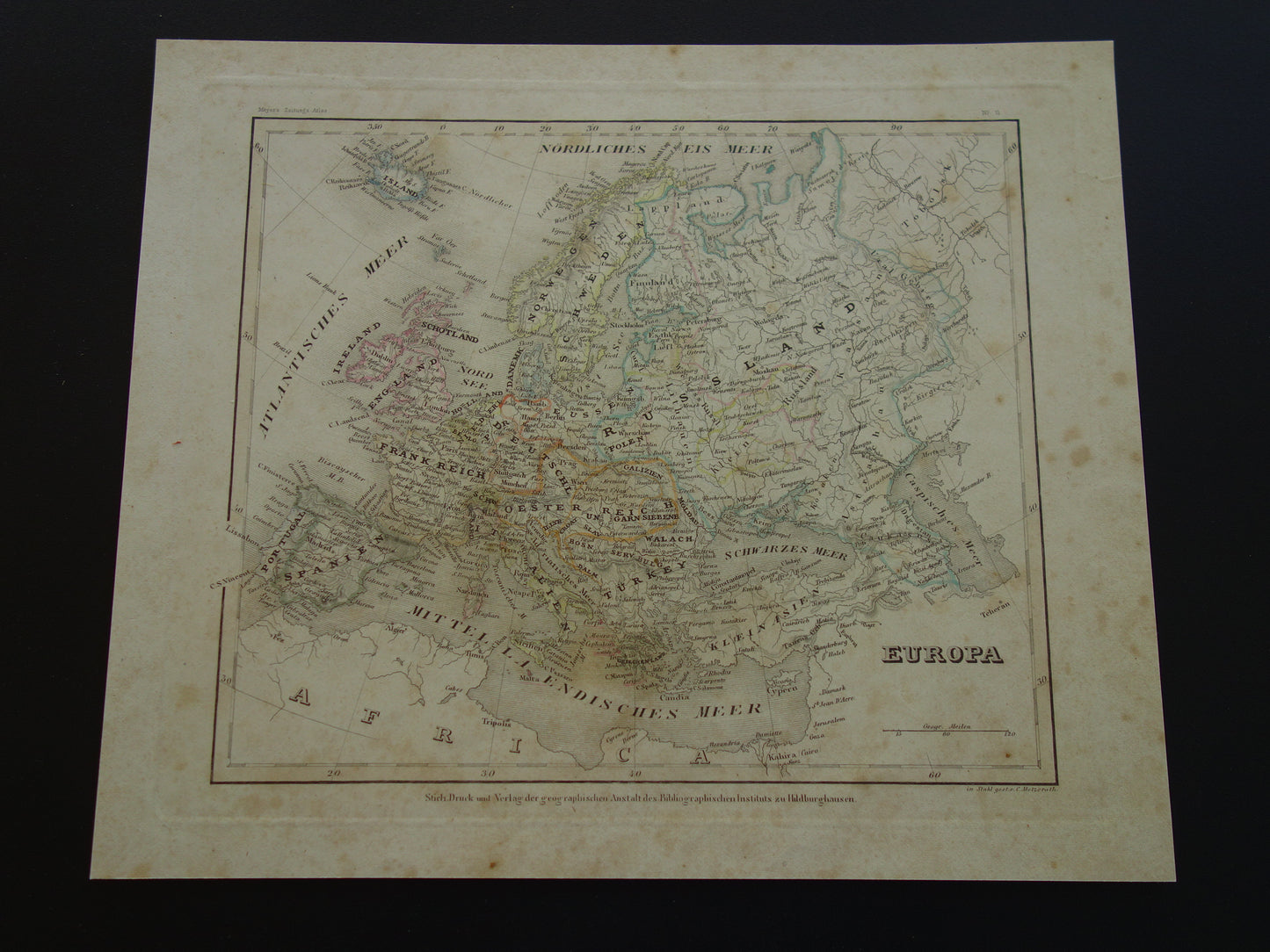 EUROPA oude kaart van Europa in 1849 originele antieke Duitse landkaart Duitsland Engeland Frankrijk vintage print continent