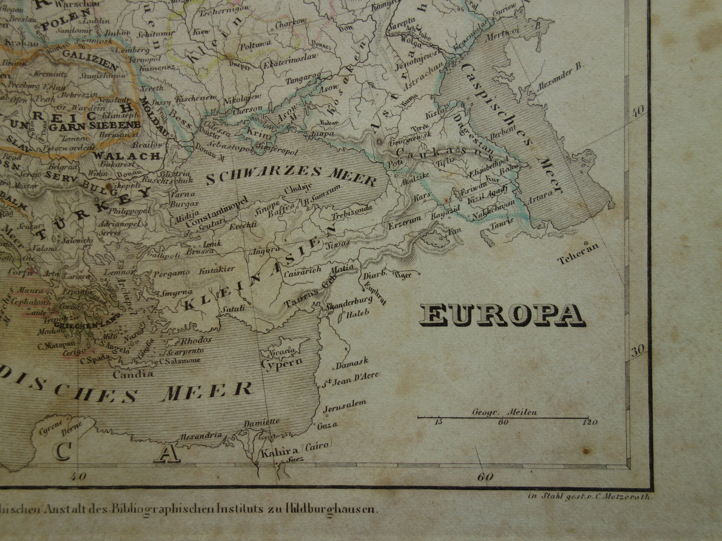 EUROPA oude kaart van Europa in 1849 originele antieke Duitse landkaart Duitsland Engeland Frankrijk vintage print continent