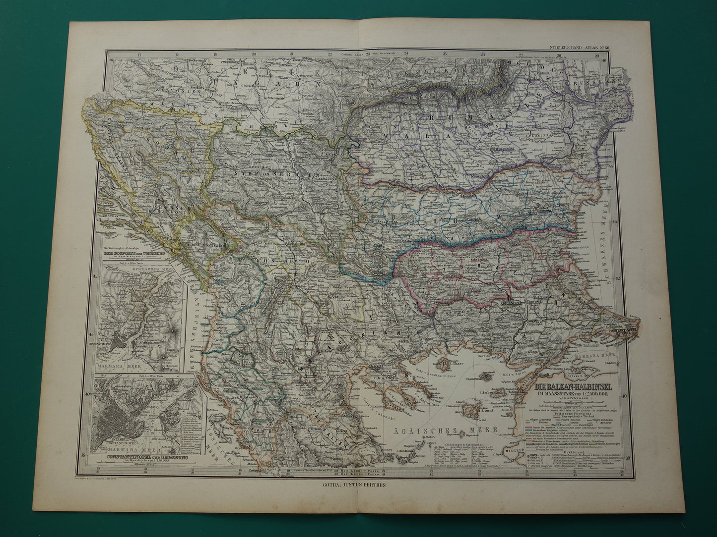 Antieke kaart van de Balkan uit 1886 originele vintage landkaart Bosnië Koninkrijk Servië Roemenië Bulgarije vorstendom Walachije Montenegro