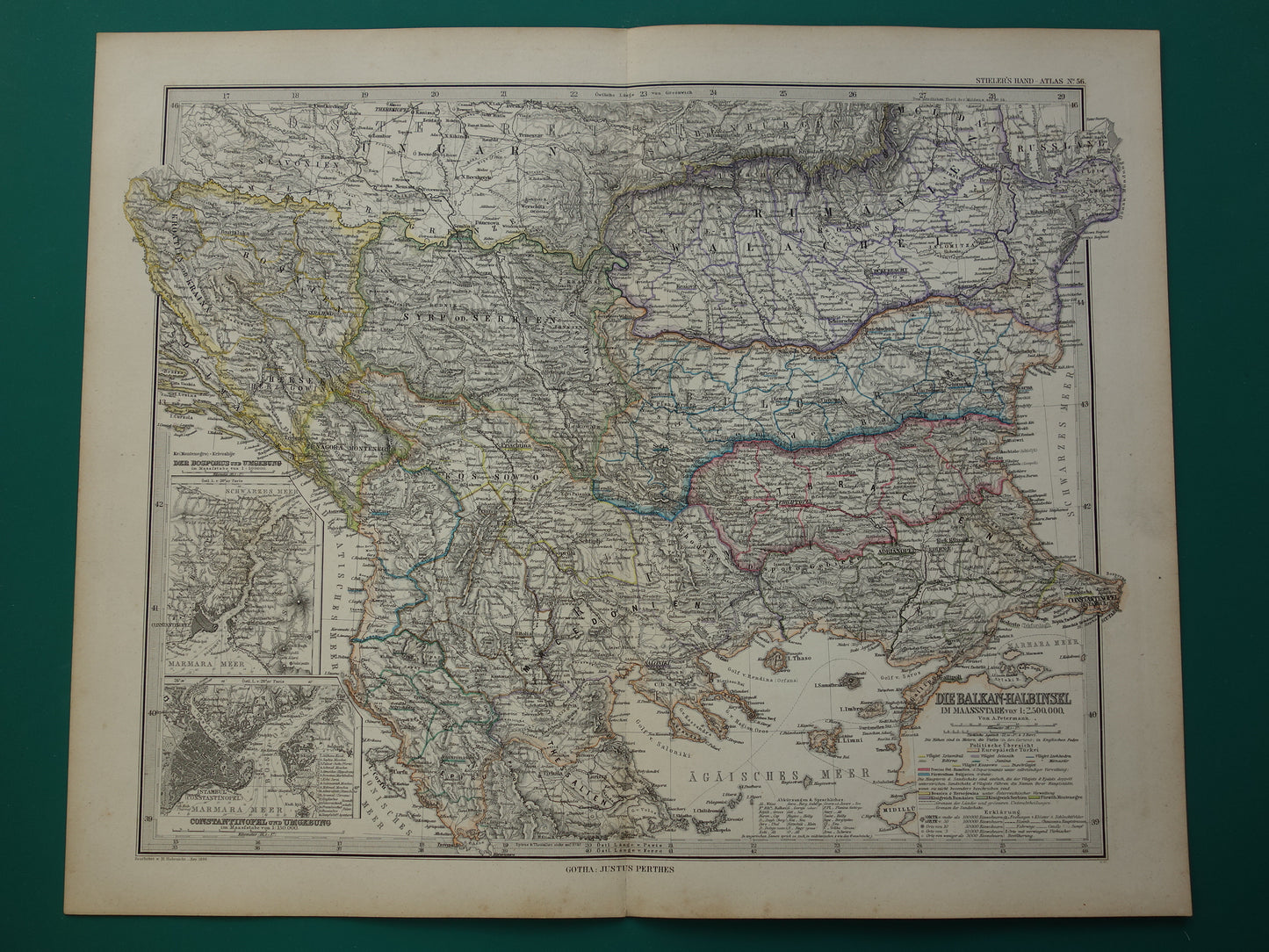 Antieke kaart van de Balkan uit 1886 originele vintage landkaart Bosnië Koninkrijk Servië Roemenië Bulgarije vorstendom Walachije Montenegro