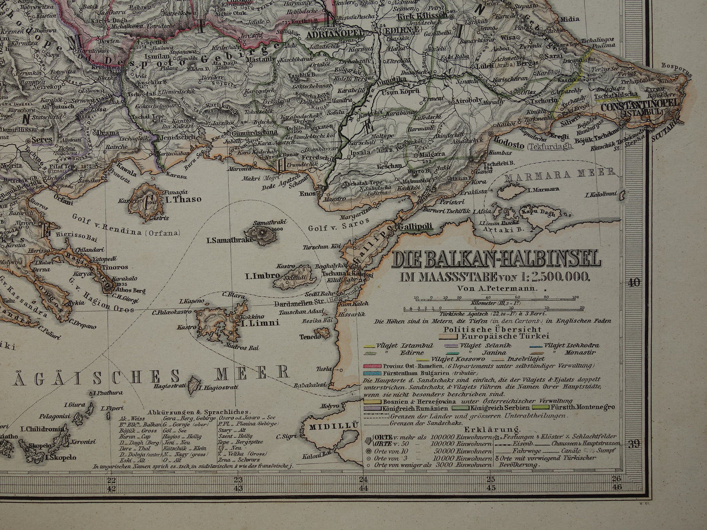 Antieke kaart van de Balkan uit 1886 originele vintage landkaart Bosnië Koninkrijk Servië Roemenië Bulgarije vorstendom Walachije Montenegro