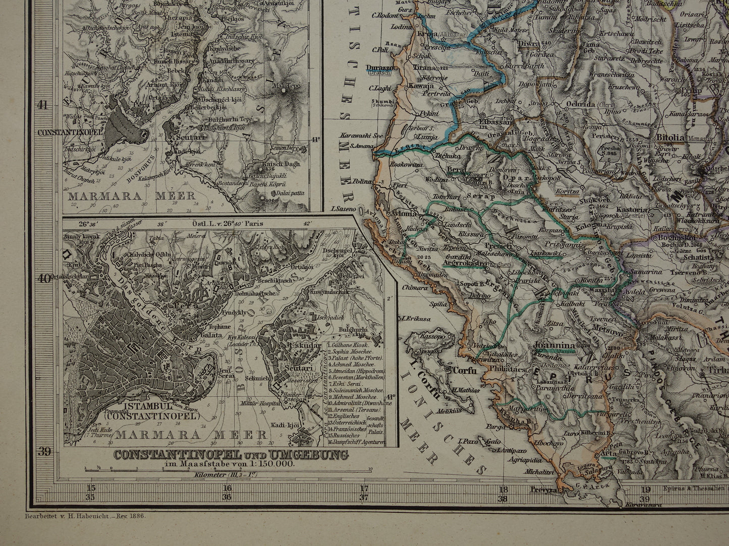 Antieke kaart van de Balkan uit 1886 originele vintage landkaart Bosnië Koninkrijk Servië Roemenië Bulgarije vorstendom Walachije Montenegro