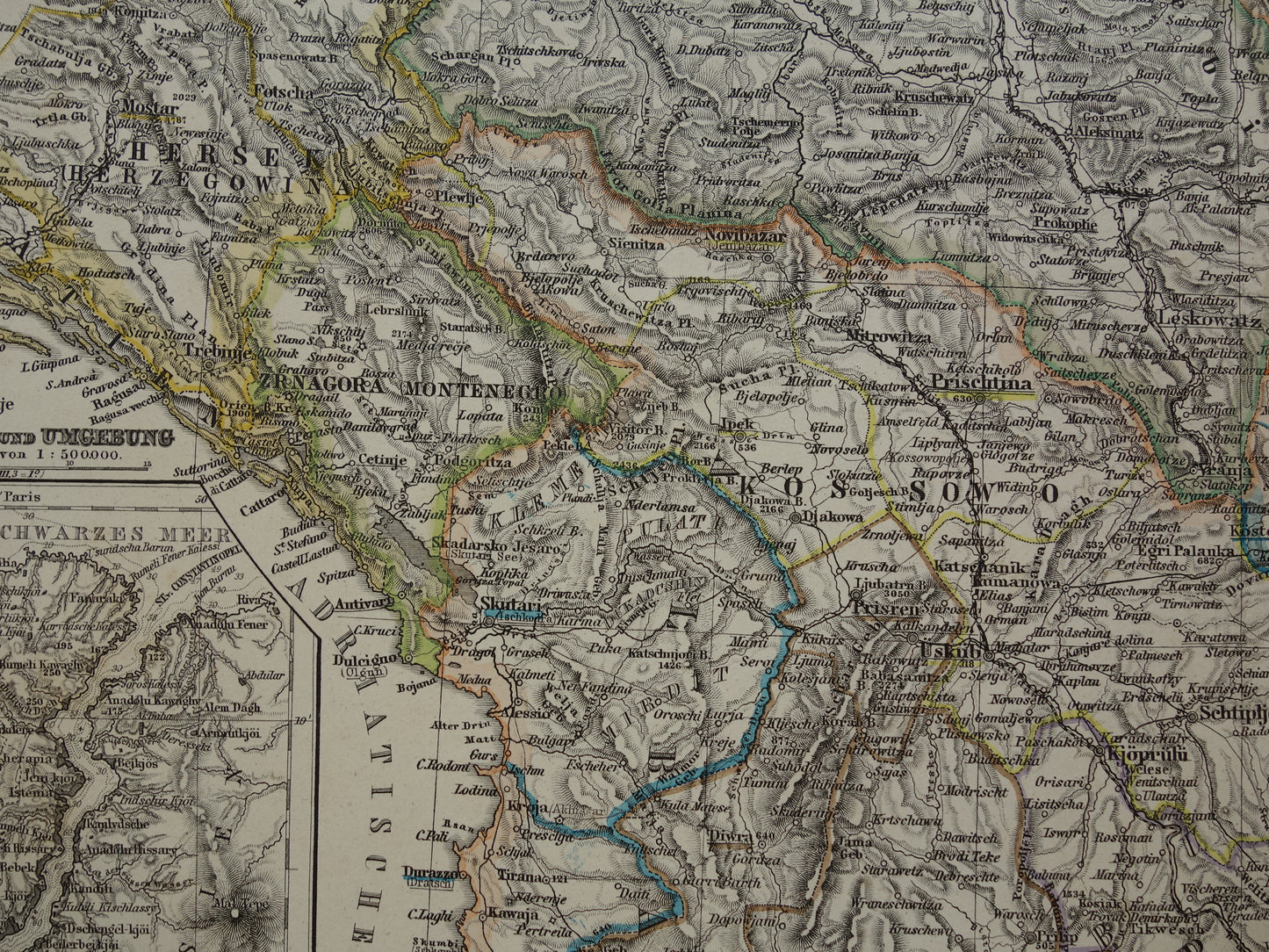 Antieke kaart van de Balkan uit 1886 originele vintage landkaart Bosnië Koninkrijk Servië Roemenië Bulgarije vorstendom Walachije Montenegro