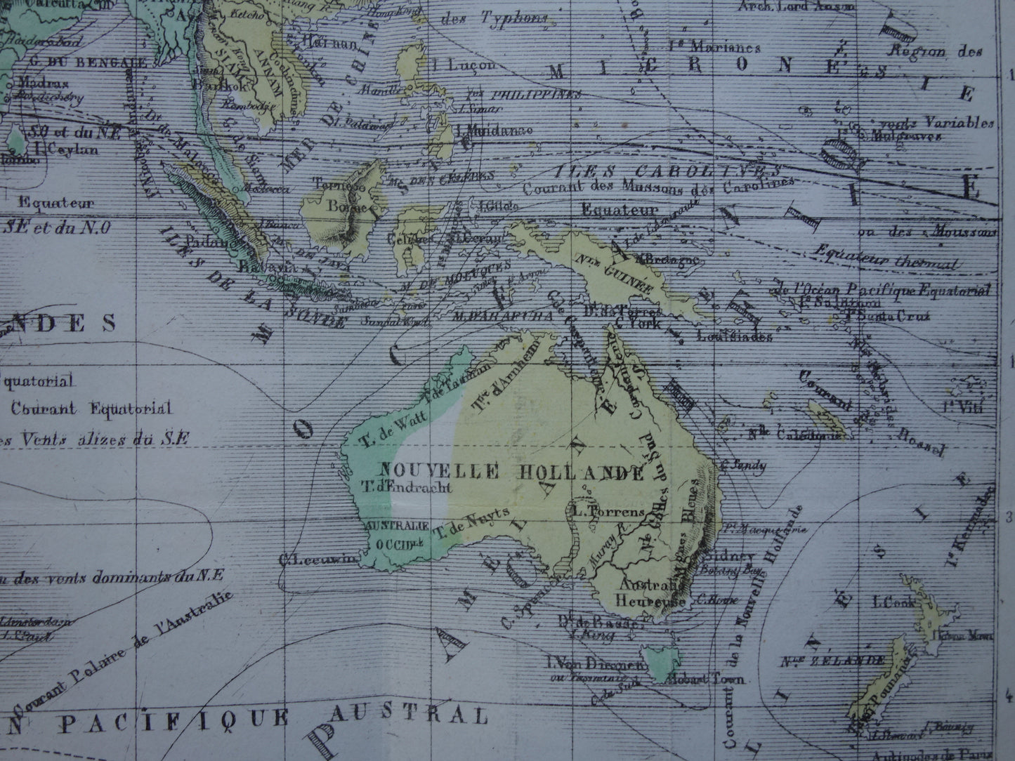 Oude wereldkaart uit 1858 originele antieke handgekleurde Franse landkaart