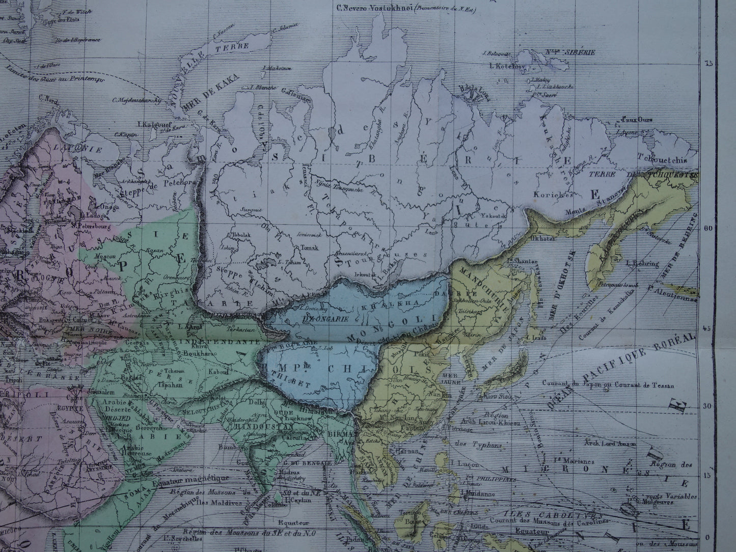Oude wereldkaart uit 1858 originele antieke handgekleurde Franse landkaart