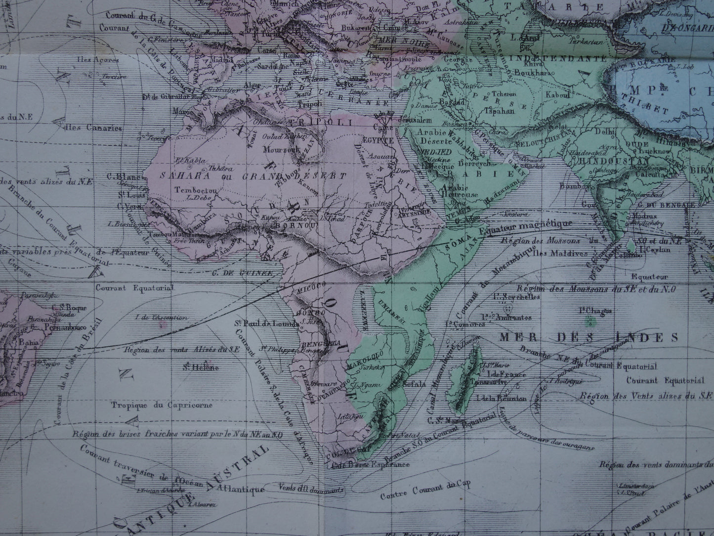 Oude wereldkaart uit 1858 originele antieke handgekleurde Franse landkaart