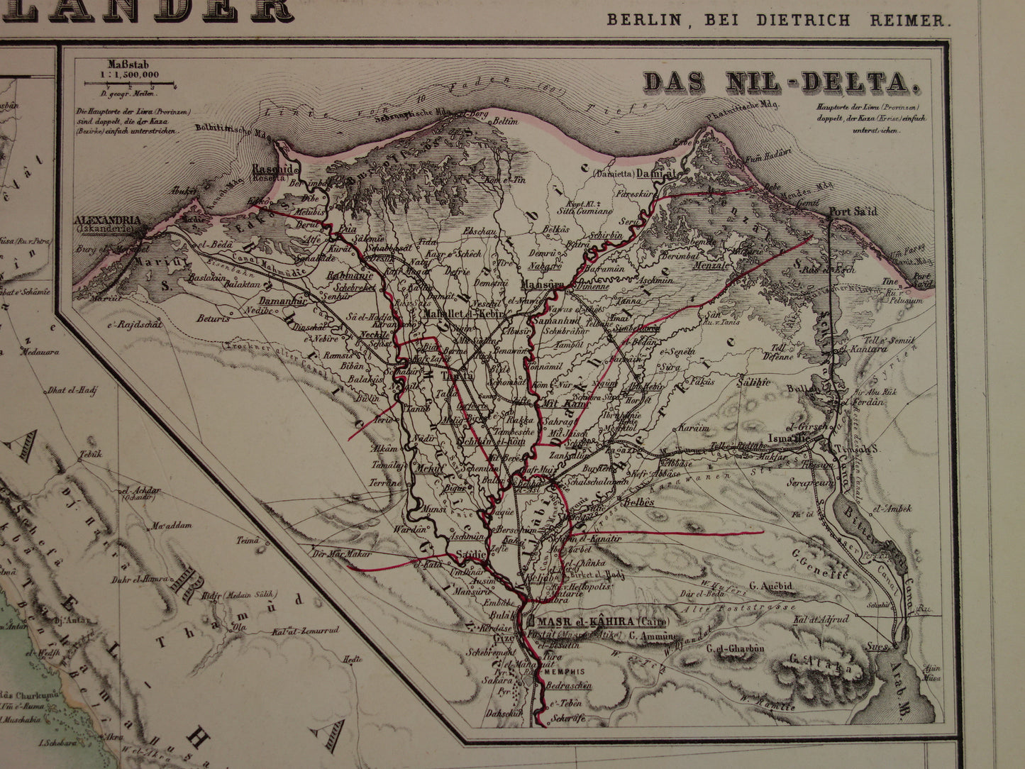 EGYPTE oude kaart van Rode Zee gebied Grote antieke landkaart Sudan, Djibouti, Ethiopië en Saoedi-Arabië met jaartal - vintage poster Afrika 1874