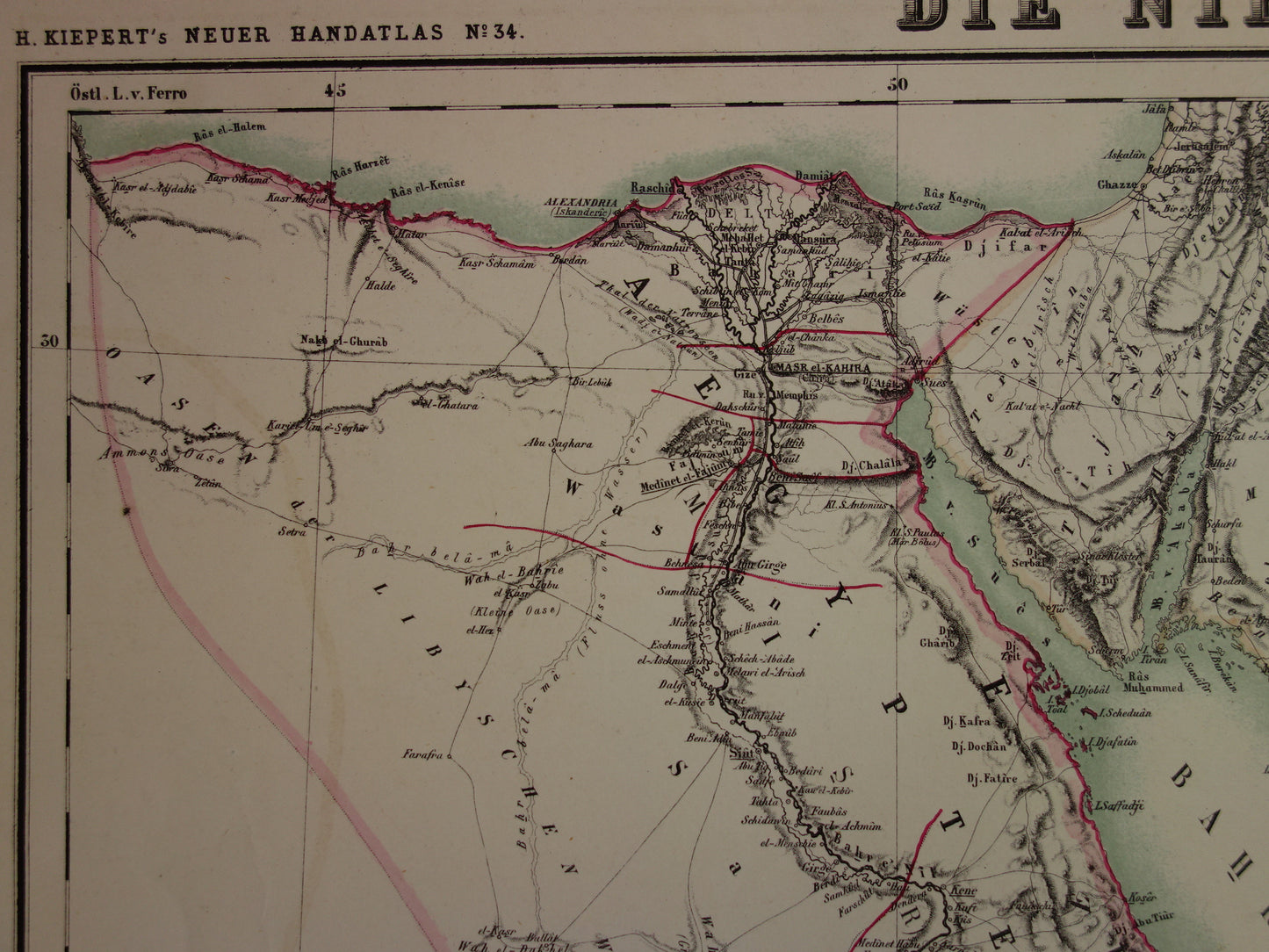EGYPTE oude kaart van Rode Zee gebied Grote antieke landkaart Sudan, Djibouti, Ethiopië en Saoedi-Arabië met jaartal - vintage poster Afrika 1874