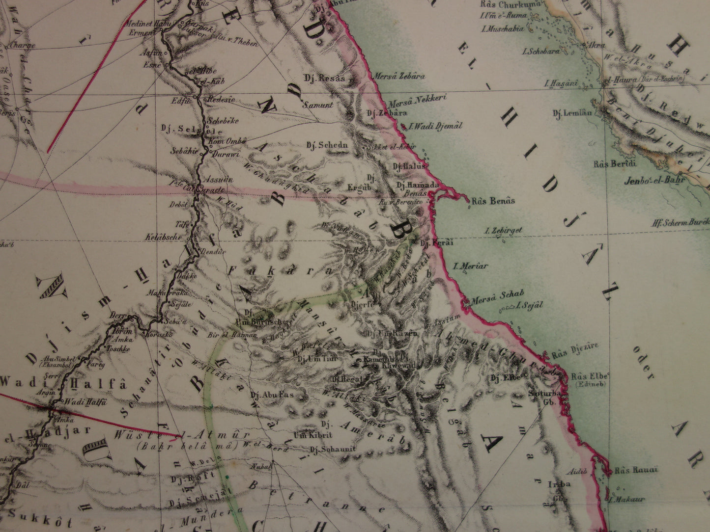 EGYPTE oude kaart van Rode Zee gebied Grote antieke landkaart Sudan, Djibouti, Ethiopië en Saoedi-Arabië met jaartal - vintage poster Afrika 1874