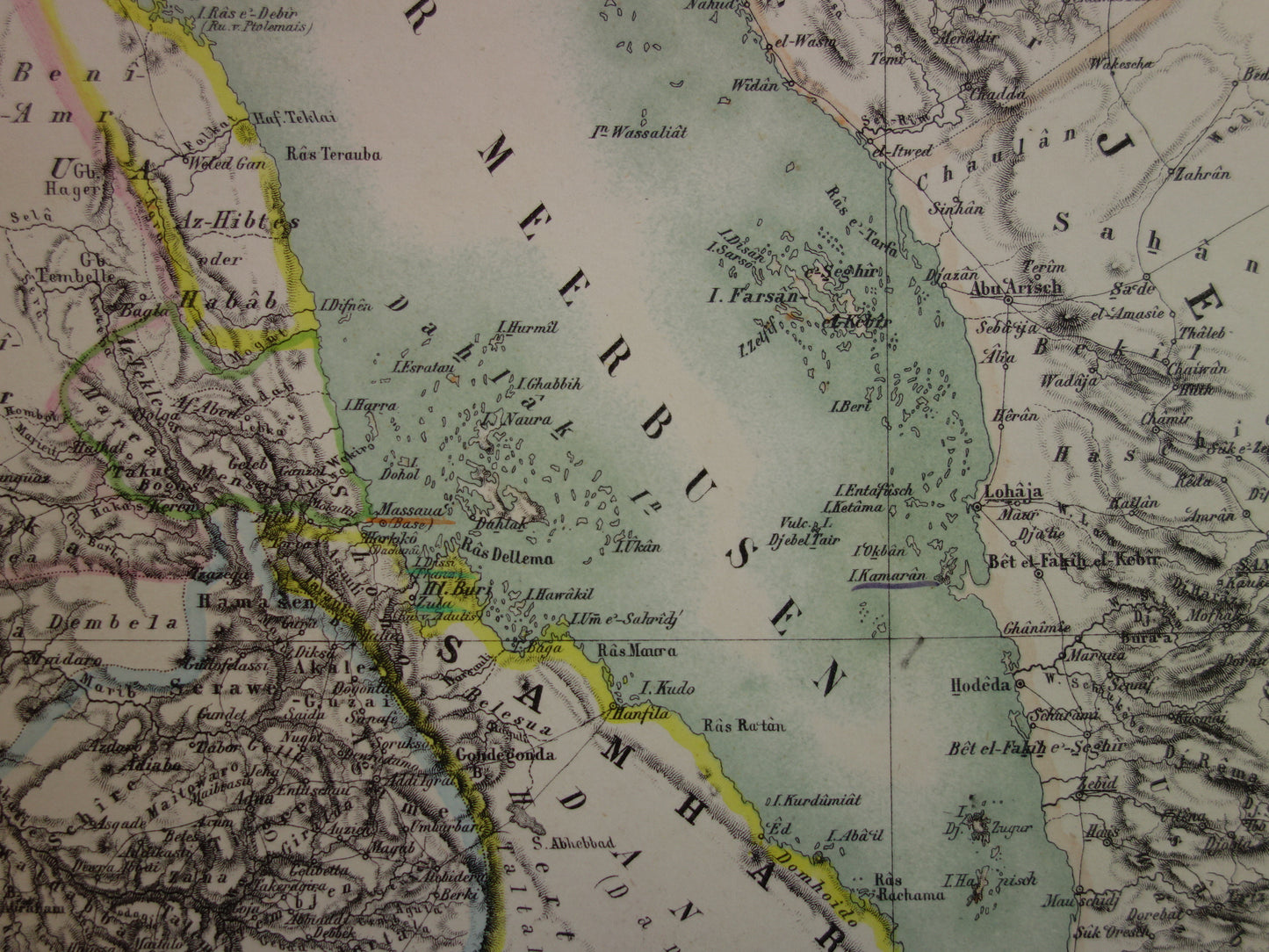 EGYPTE oude kaart van Rode Zee gebied Grote antieke landkaart Sudan, Djibouti, Ethiopië en Saoedi-Arabië met jaartal - vintage poster Afrika 1874