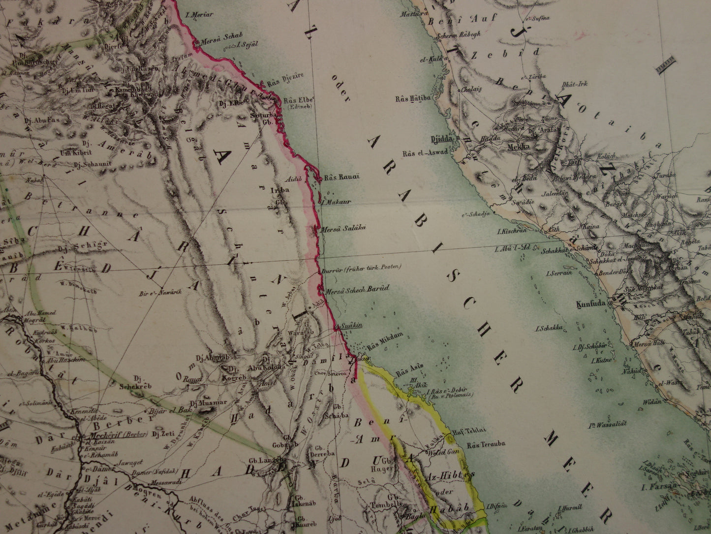 EGYPTE oude kaart van Rode Zee gebied Grote antieke landkaart Sudan, Djibouti, Ethiopië en Saoedi-Arabië met jaartal - vintage poster Afrika 1874