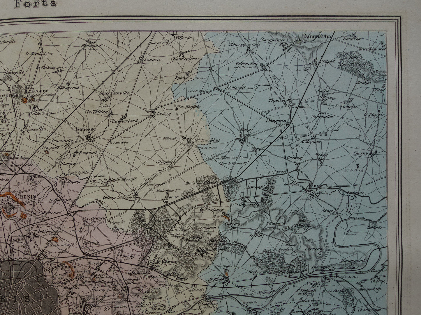 PARIJS grote oude kaart van Parijs uit het jaar 1886 Originele antieke plattegrond omgeving Parijs historische forten vintage print