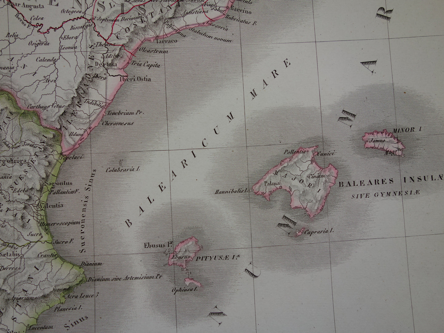 SPANJE grote oude landkaart van Spanje Portugal in Romeinse tijd originele antieke kaart uit 1831