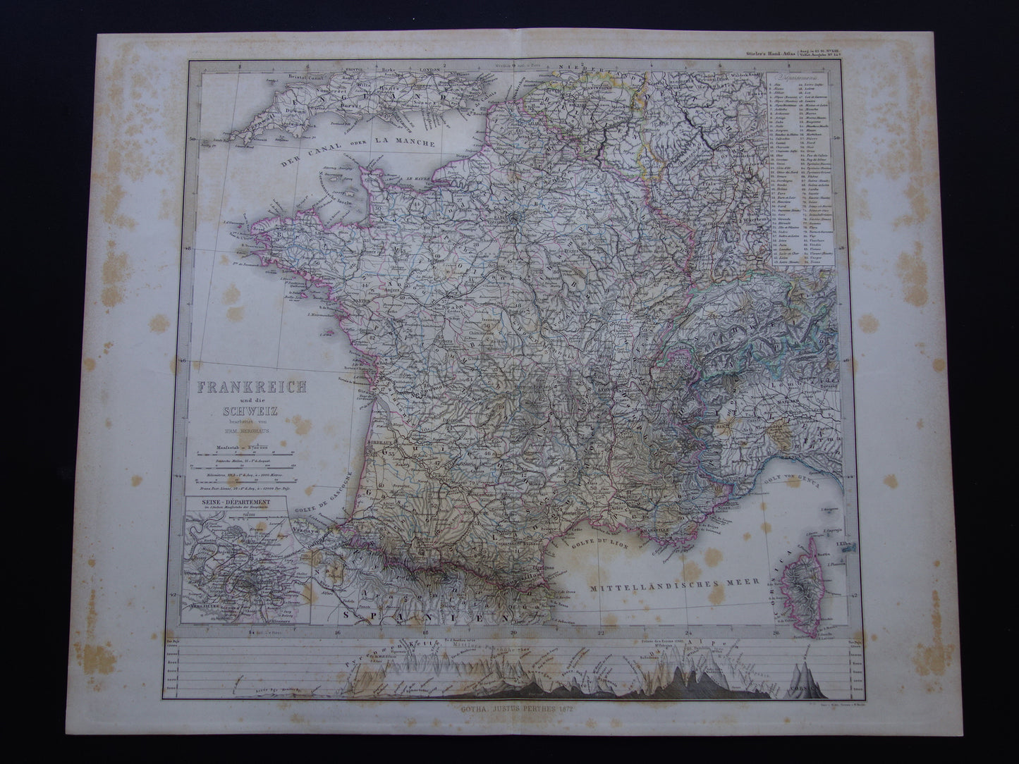 FRANKRIJK oude kaart van Frankrijk 1872 originele antieke landkaart/poster met jaartal