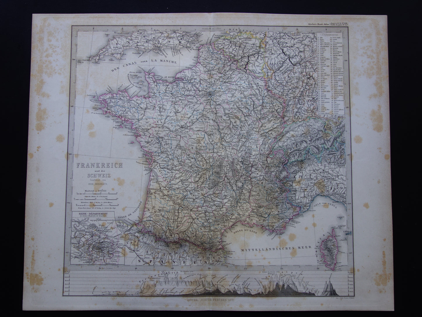 FRANKRIJK oude kaart van Frankrijk 1872 originele antieke landkaart/poster met jaartal