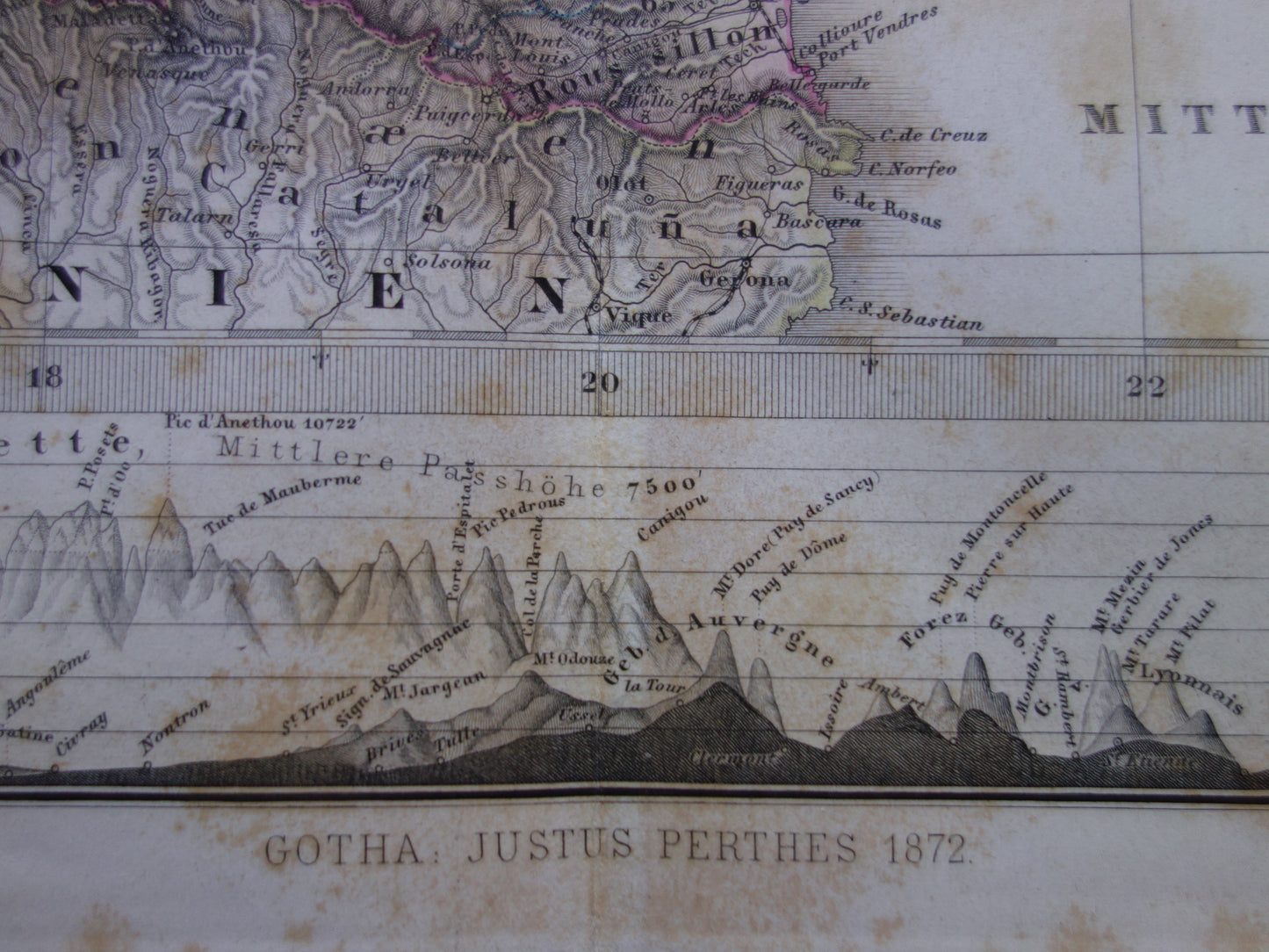 FRANKRIJK oude kaart van Frankrijk 1872 originele antieke landkaart/poster met jaartal