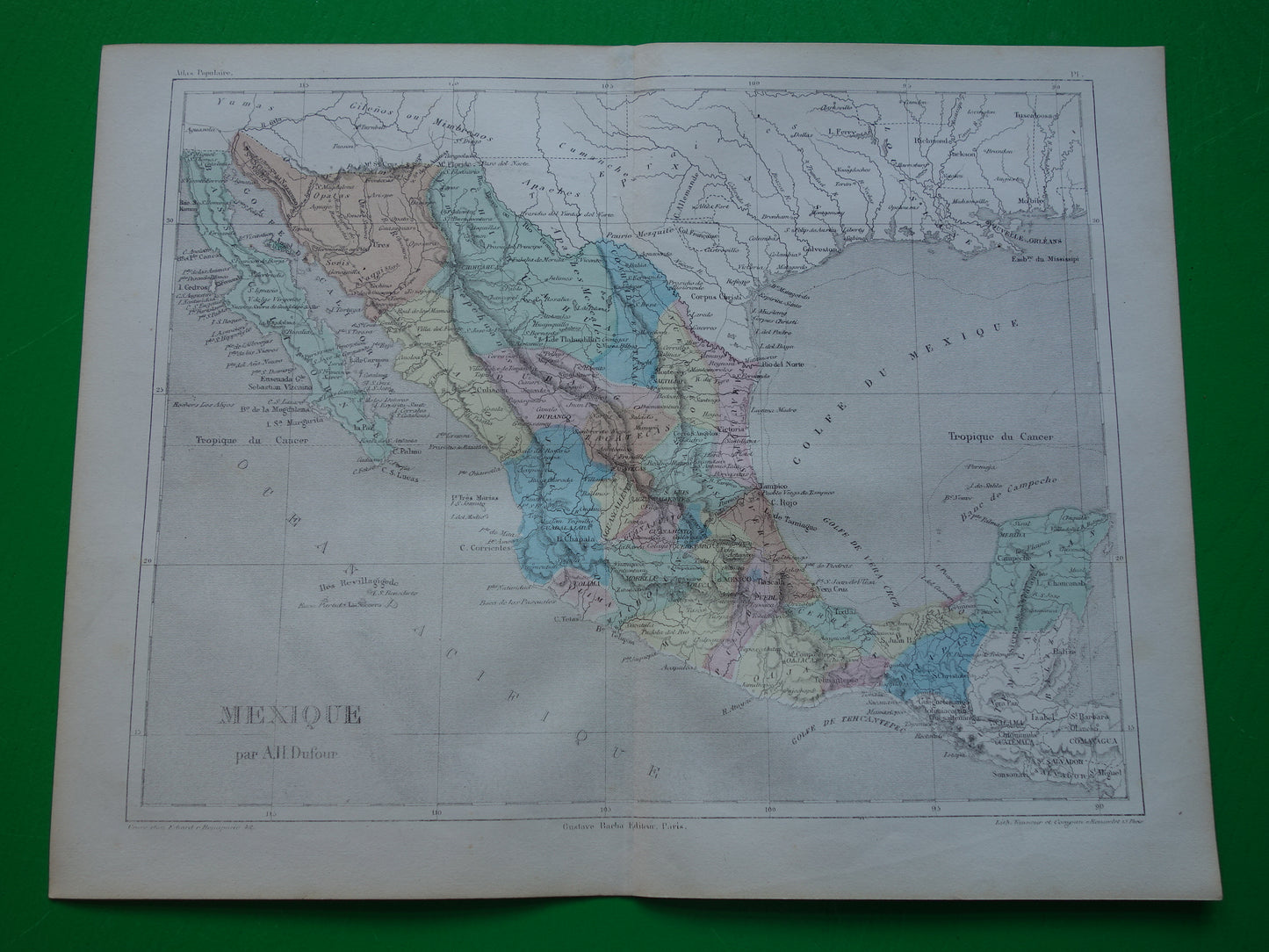 Mexico antieke Franse landkaart van Mexico 1858 originele oude handgekleurde kaart vintage kaarten