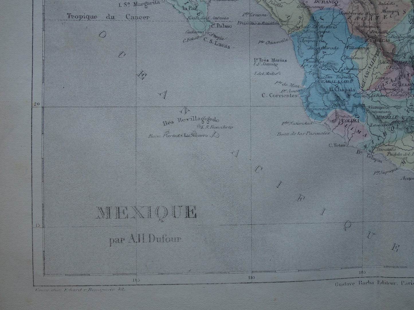 Mexico antieke Franse landkaart van Mexico 1858 originele oude handgekleurde kaart vintage kaarten