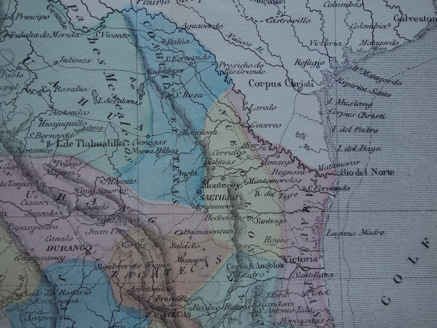 Mexico antieke Franse landkaart van Mexico 1858 originele oude handgekleurde kaart vintage kaarten
