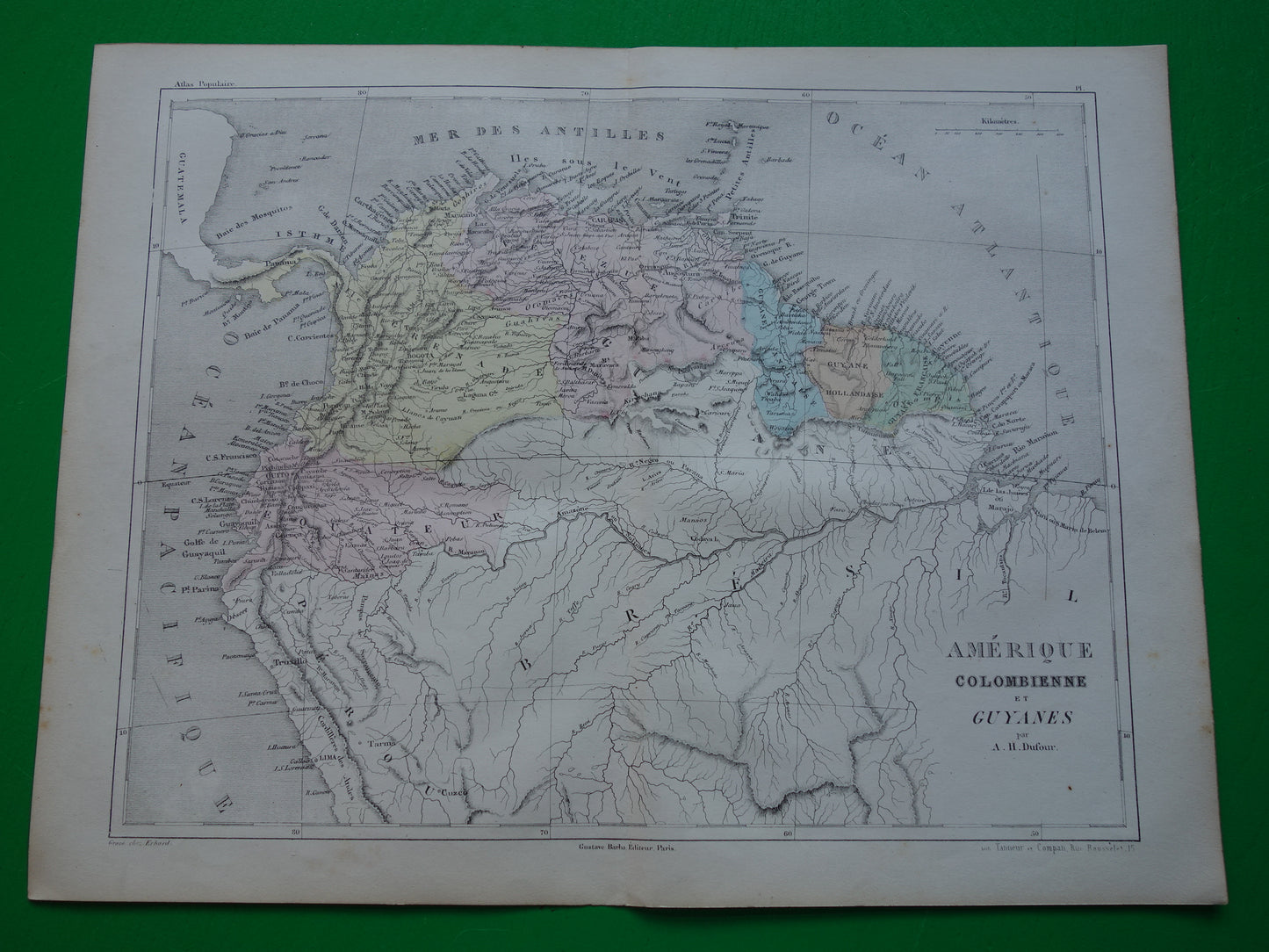 Colombia Suriname Ecuador antieke landkaart uit 1858 originele oude handgekleurde kaart Venezuela Amazone vintage kaarten