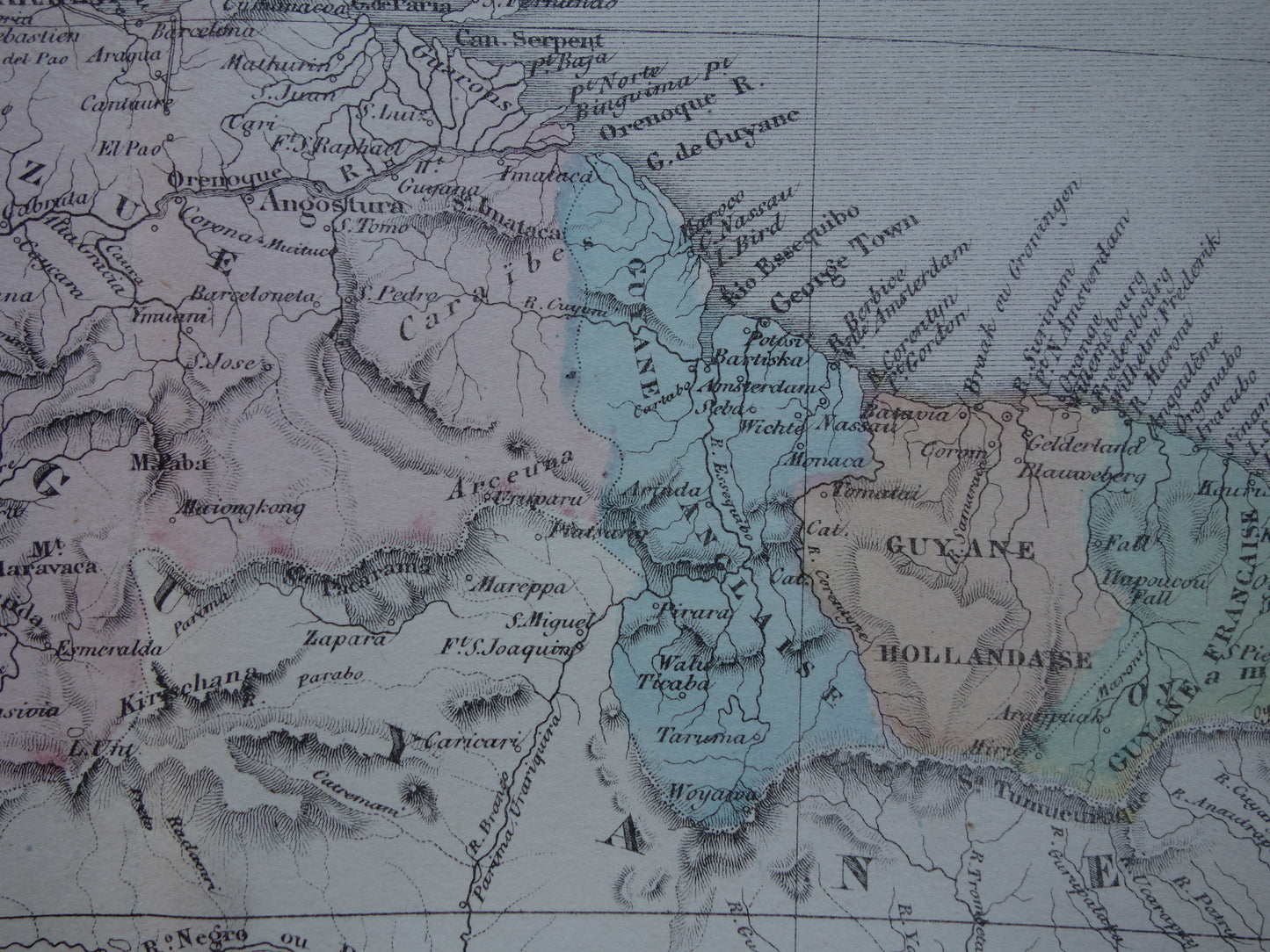 Colombia Suriname Ecuador antieke landkaart uit 1858 originele oude handgekleurde kaart Venezuela Amazone vintage kaarten