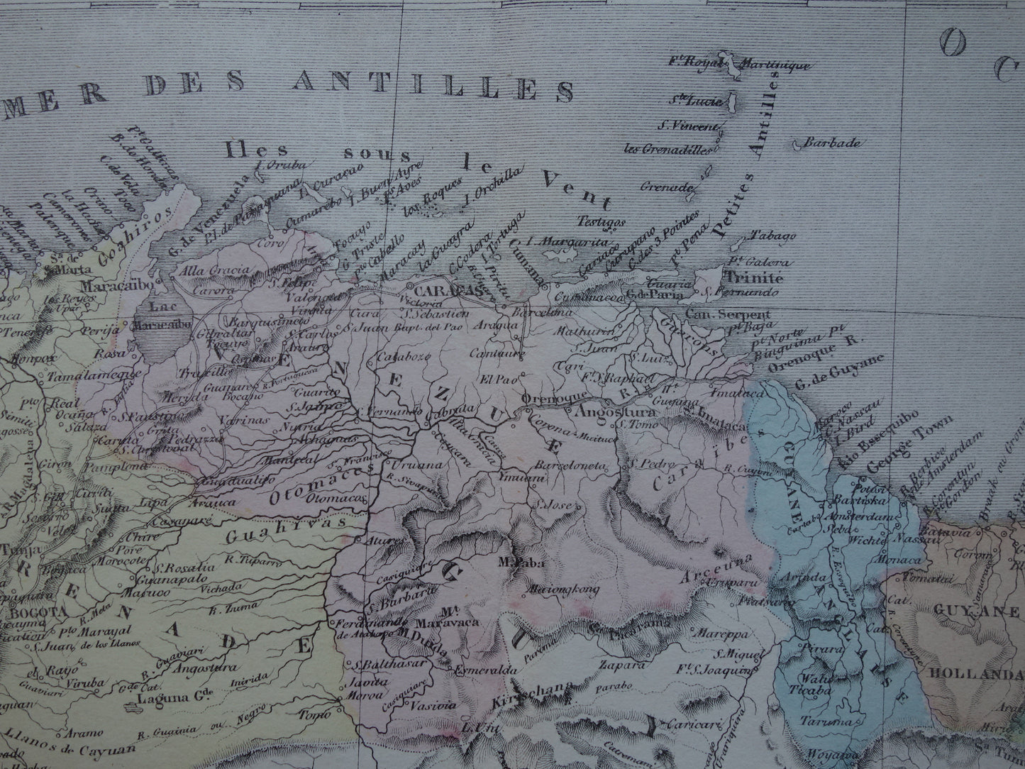 Colombia Suriname Ecuador antieke landkaart uit 1858 originele oude handgekleurde kaart Venezuela Amazone vintage kaarten