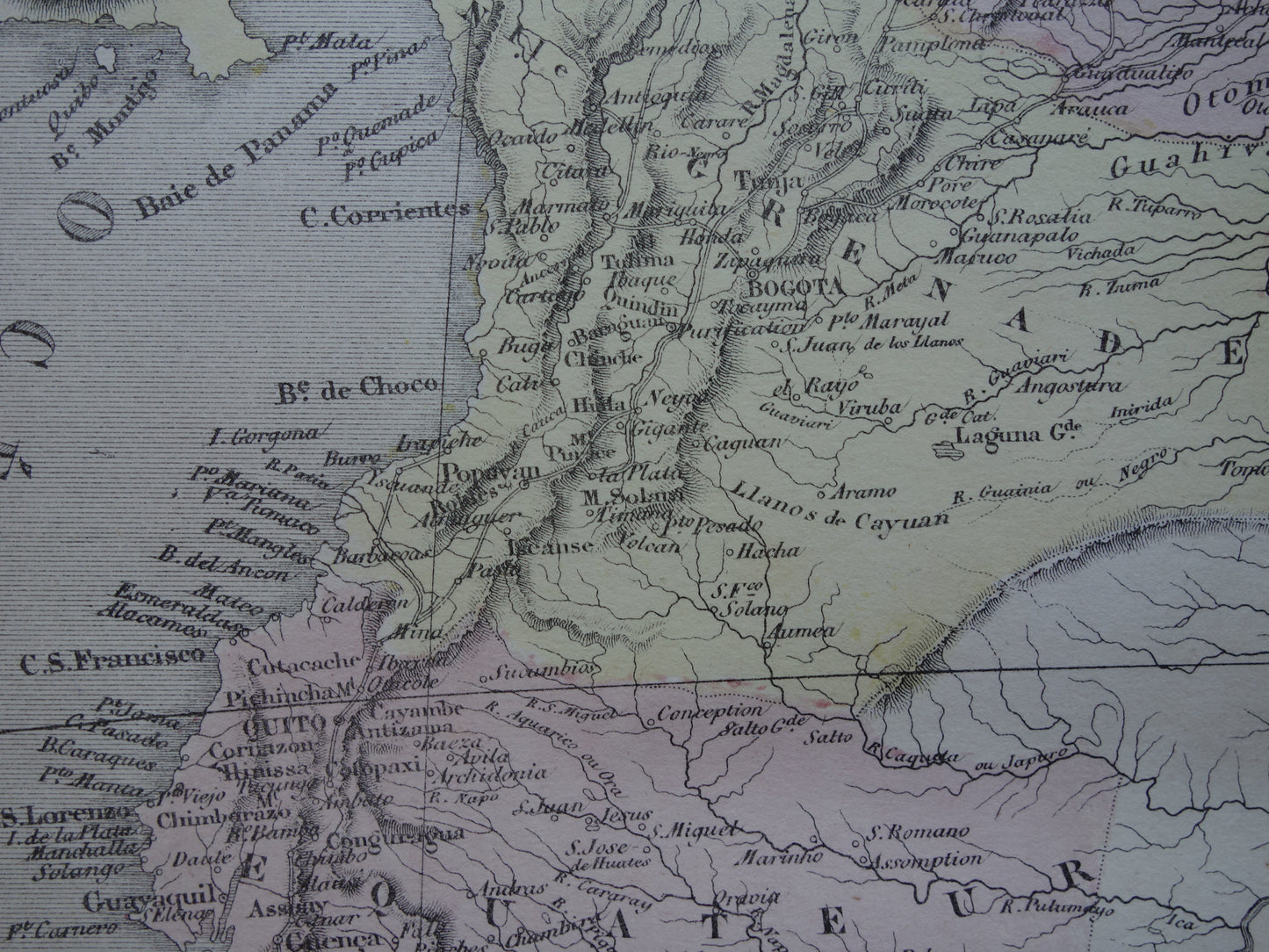 Colombia Suriname Ecuador antieke landkaart uit 1858 originele oude handgekleurde kaart Venezuela Amazone vintage kaarten