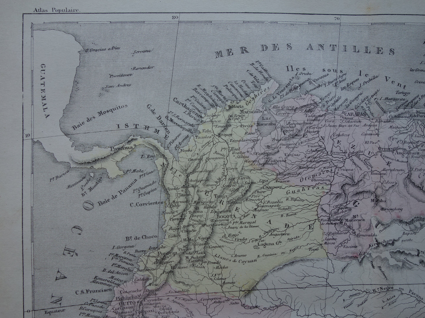 Colombia Suriname Ecuador antieke landkaart uit 1858 originele oude handgekleurde kaart Venezuela Amazone vintage kaarten