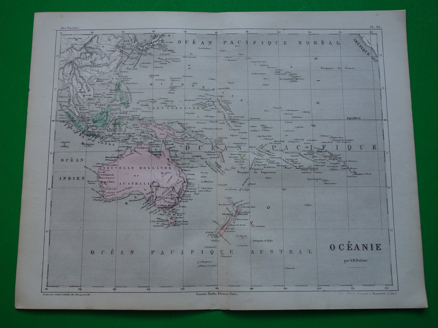 Oude kaart van Oceanië uit 1858 originele antieke handgekleurde landkaart Nieuw-Zeeland Australië Indonesië Polynesië vintage kaarten