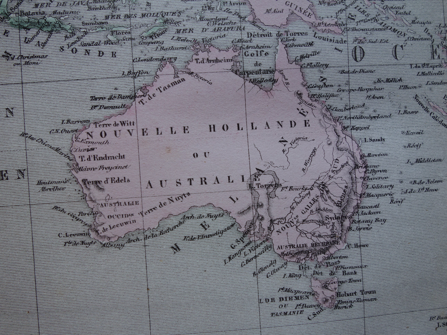 Oude kaart van Oceanië uit 1858 originele antieke handgekleurde landkaart Nieuw-Zeeland Australië Indonesië Polynesië vintage kaarten