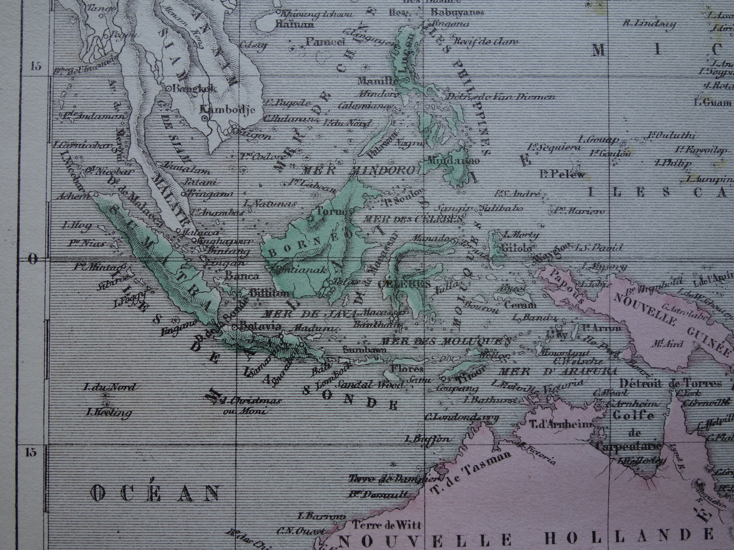 Oude kaart van Oceanië uit 1858 originele antieke handgekleurde landkaart Nieuw-Zeeland Australië Indonesië Polynesië vintage kaarten