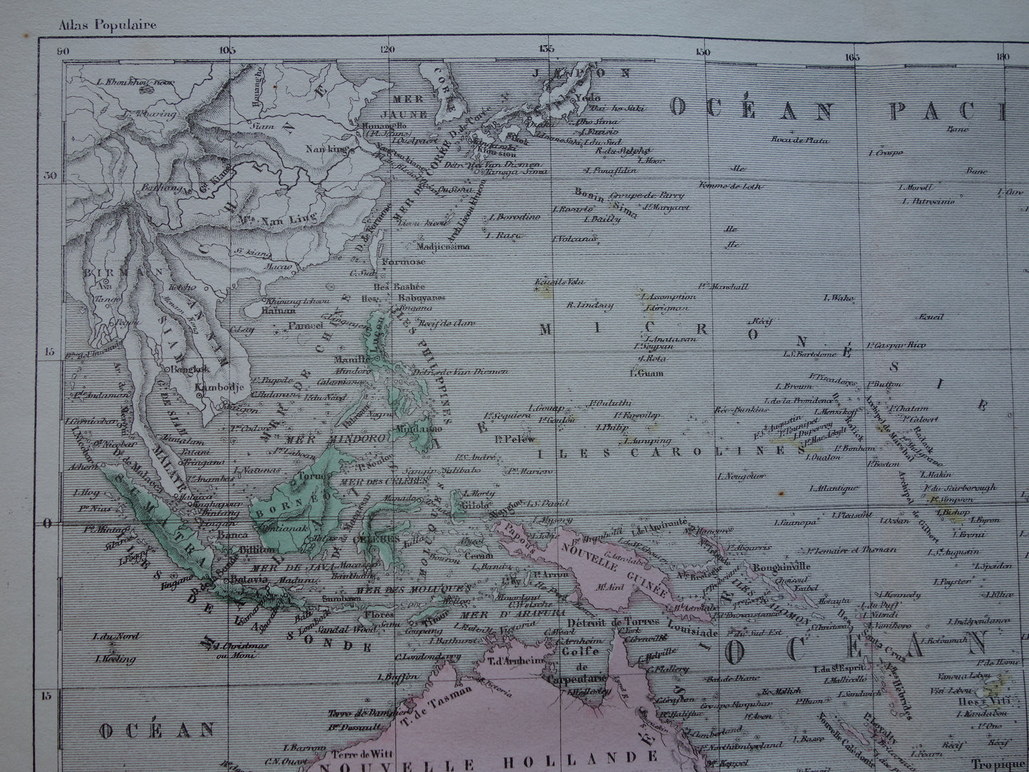 Oude kaart van Oceanië uit 1858 originele antieke handgekleurde landkaart Nieuw-Zeeland Australië Indonesië Polynesië vintage kaarten