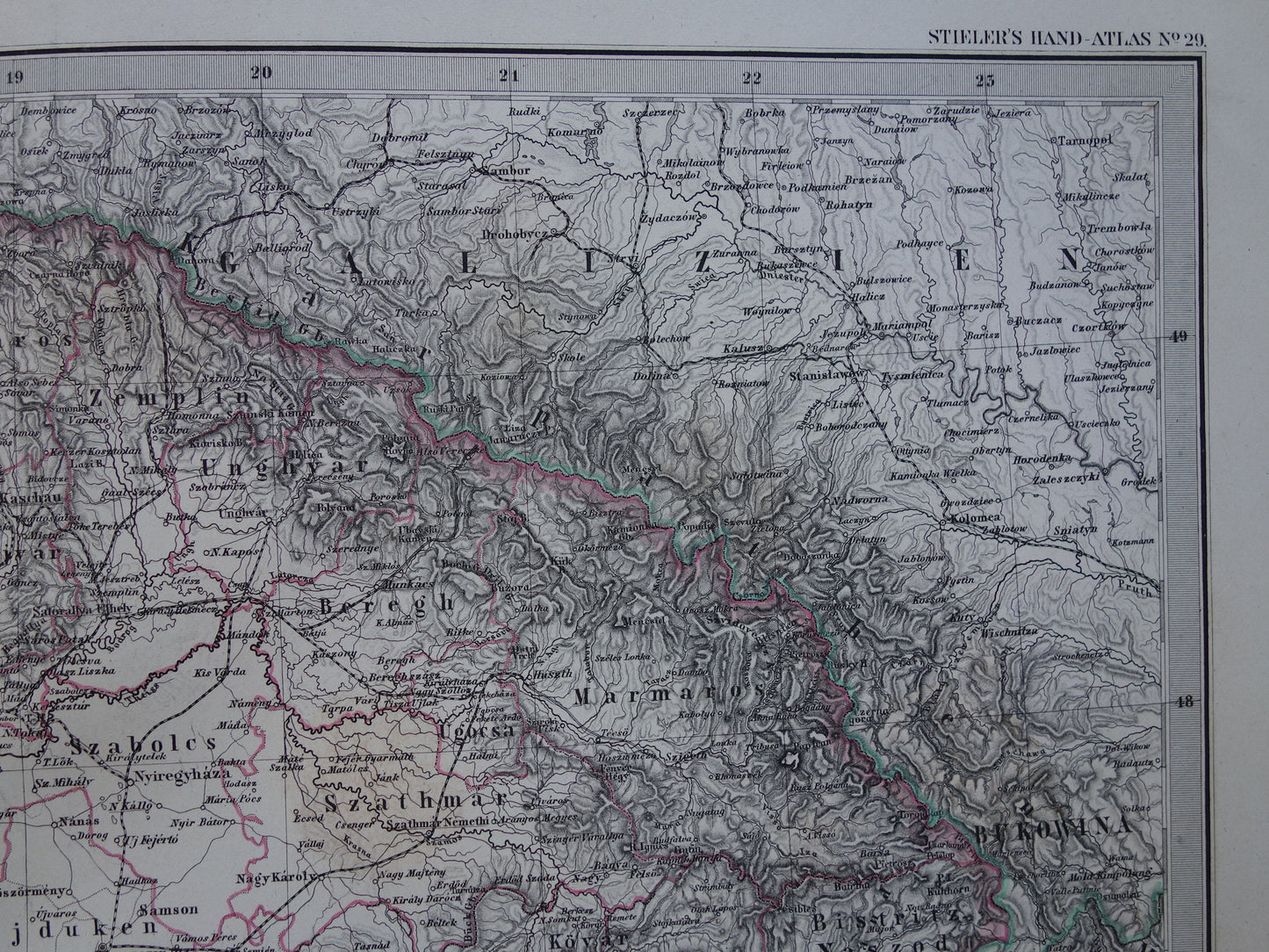 Hongarije Roemenië vintage landkaart uit 1885 van Budapest Transsylvanië Originele oude antieke kaart met jaartal - historische kaarten Oostenrijk-Hongarije