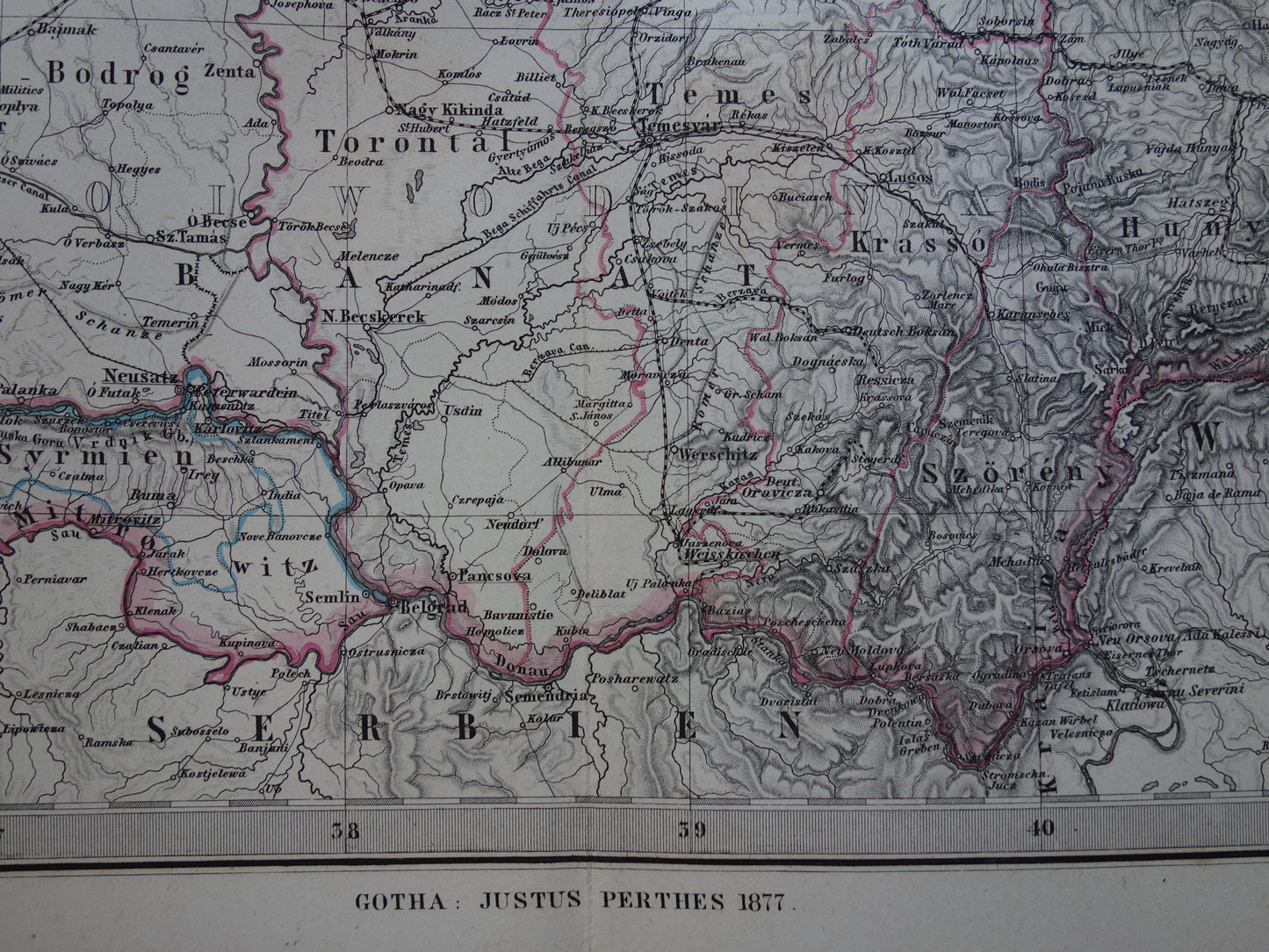 Hongarije Roemenië vintage landkaart uit 1885 van Budapest Transsylvanië Originele oude antieke kaart met jaartal - historische kaarten Oostenrijk-Hongarije