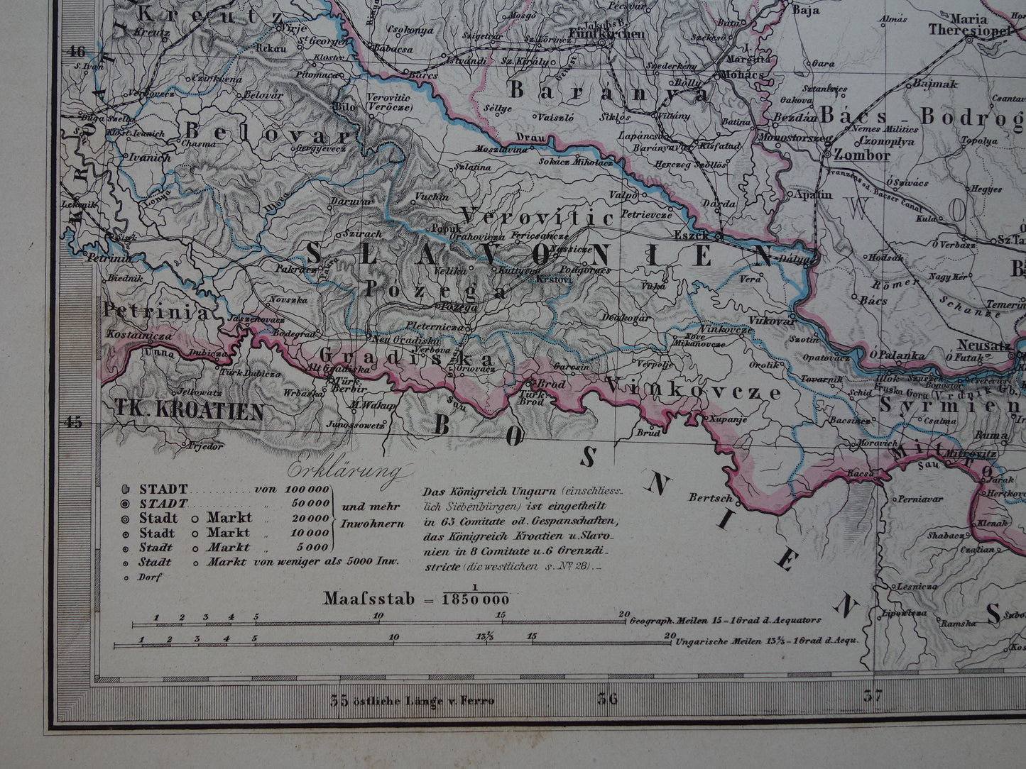 Hongarije Roemenië vintage landkaart uit 1885 van Budapest Transsylvanië Originele oude antieke kaart met jaartal - historische kaarten Oostenrijk-Hongarije