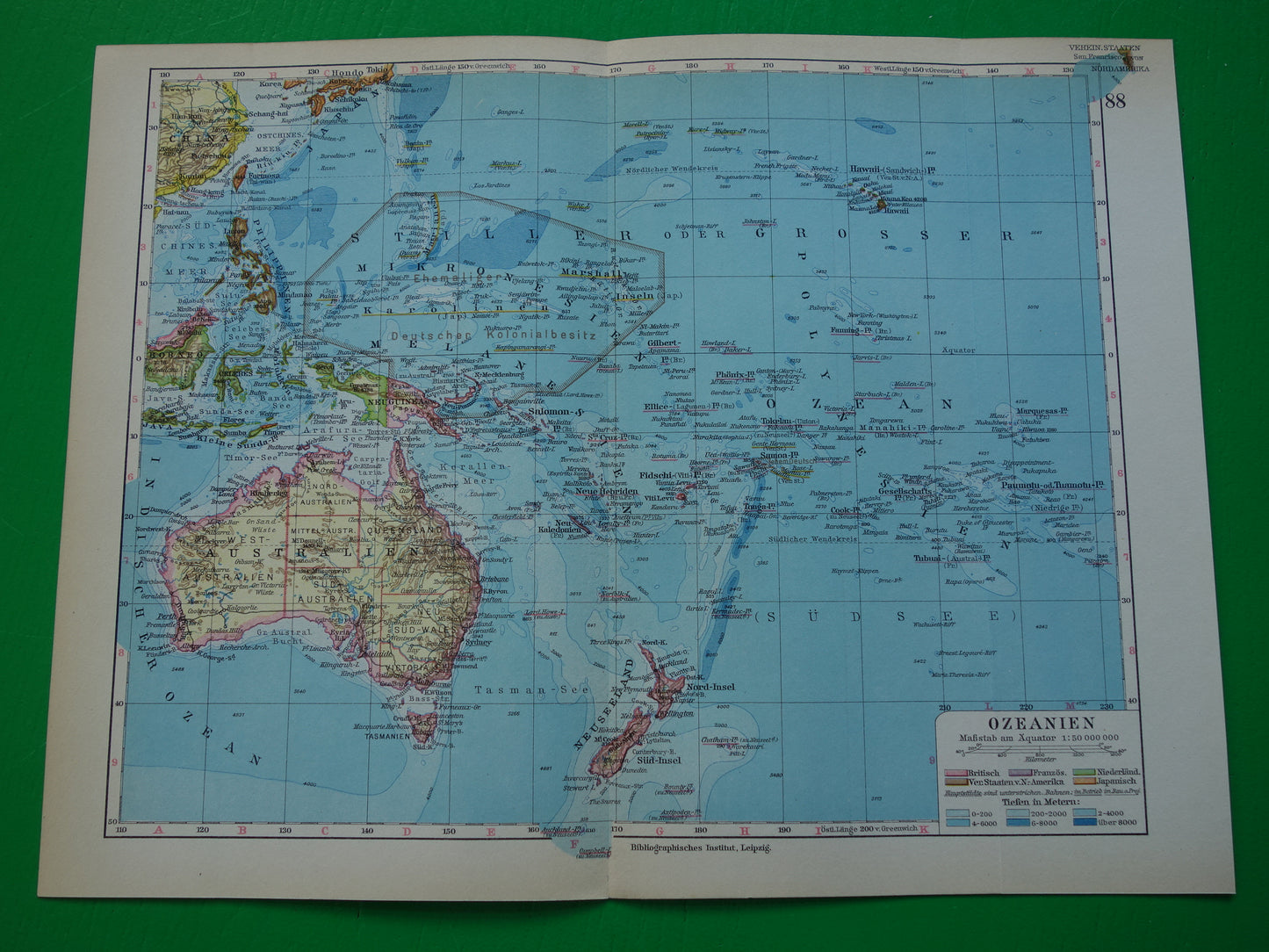 Oude kaart van Oceanië uit 1928 originele antieke landkaart Australië Indonesië Nieuw-Zeeland vintage landkaarten