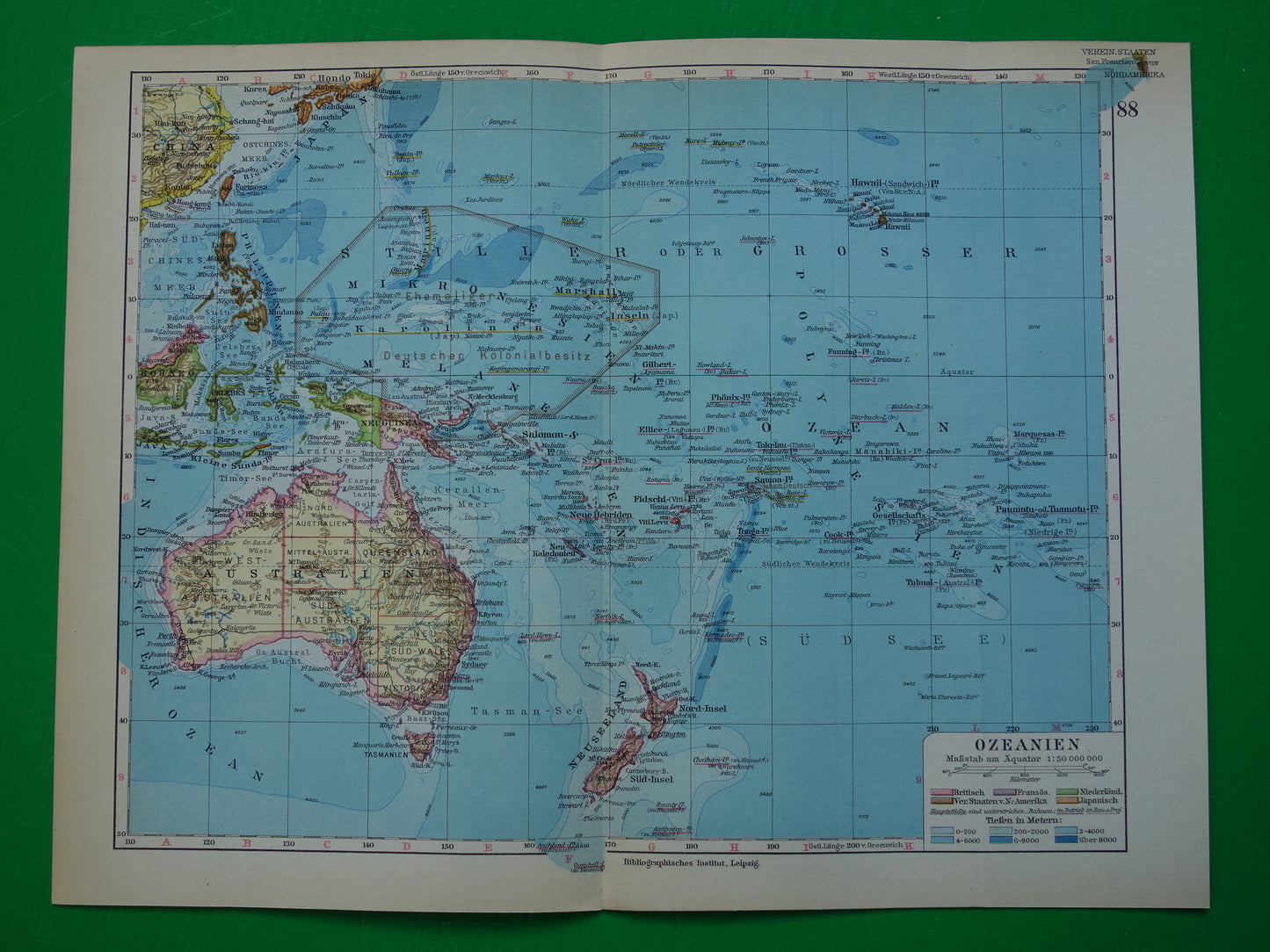 Oude kaart van Oceanië uit 1928 originele antieke landkaart Australië Indonesië Nieuw-Zeeland vintage landkaarten