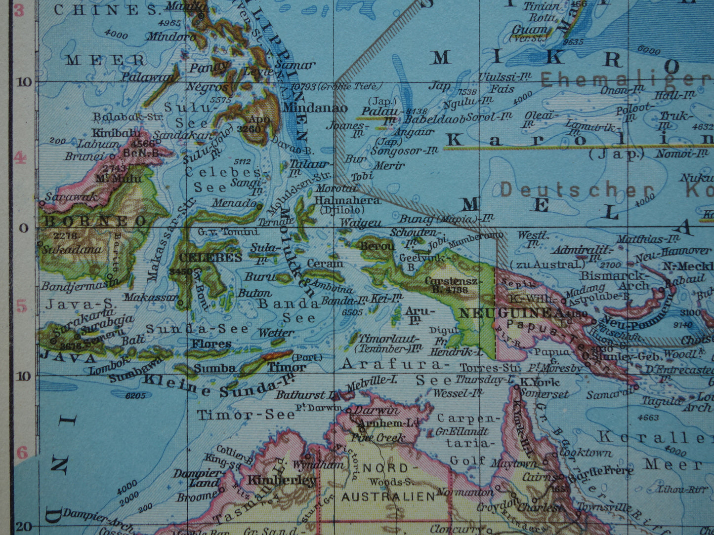 Oude kaart van Oceanië uit 1928 originele antieke landkaart Australië Indonesië Nieuw-Zeeland vintage landkaarten
