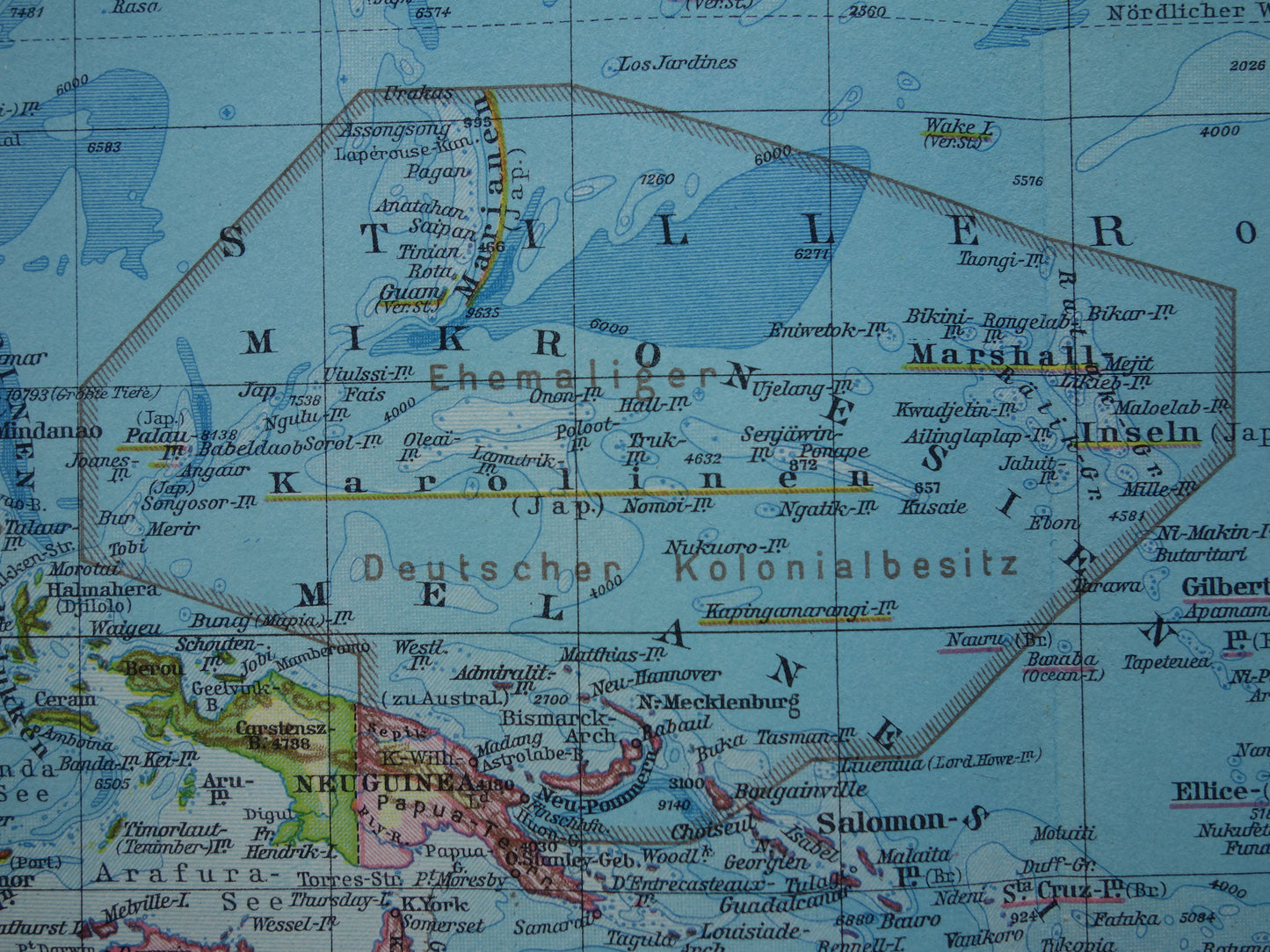 Oude kaart van Oceanië uit 1928 originele antieke landkaart Australië Indonesië Nieuw-Zeeland vintage landkaarten