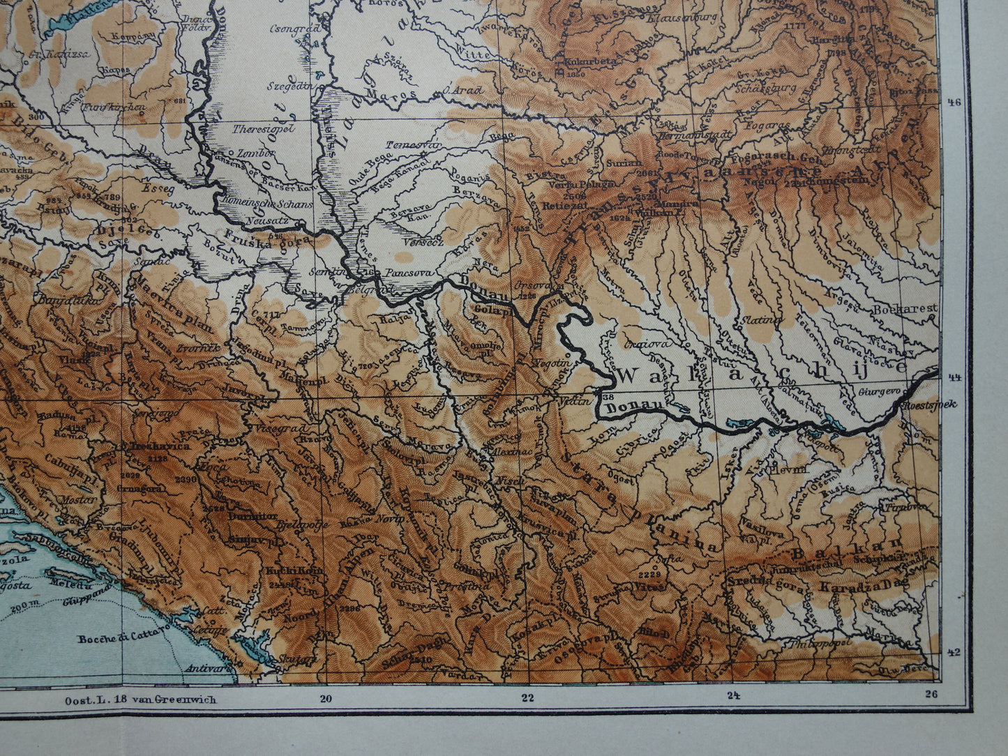 Oude kaart van de Karpaten Alpen Dinarische Alpen 1910 originele antieke Nederlanse landkaart hoogtekaart Oostenrijk Tsjechië Hongarije Roemenië