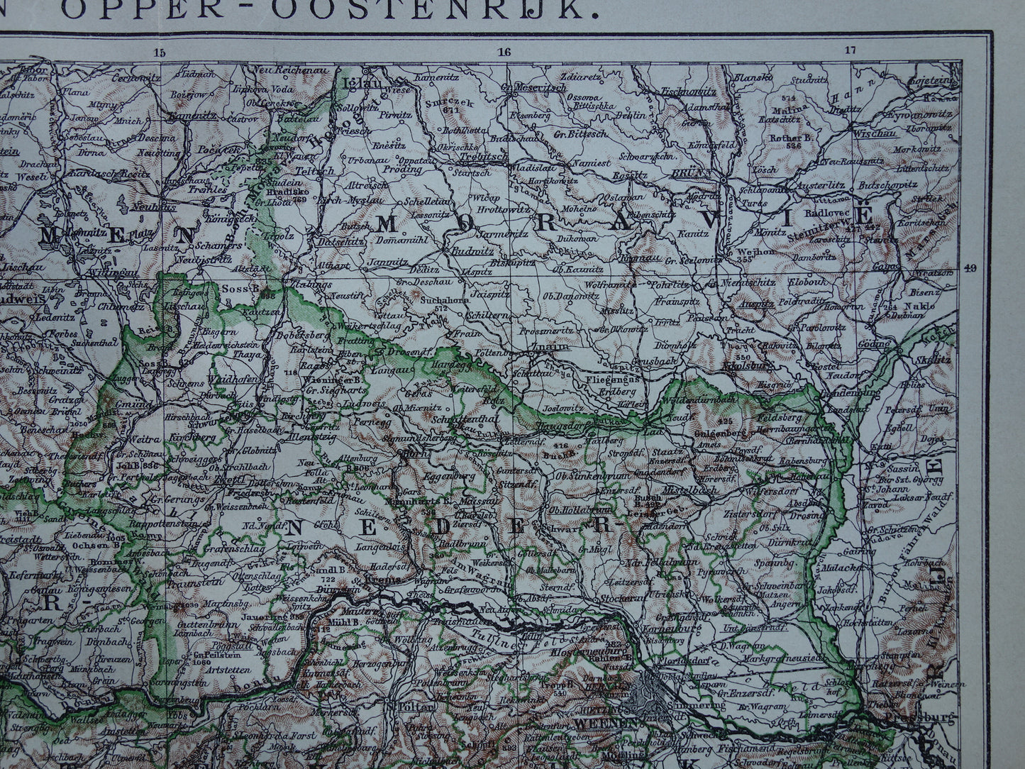 Oude landkaart van Oostenrijk uit 1910 originele vintage kaart Wenen Opper- en Neder-Oostenrijk Antieke Landkaarten Winkel