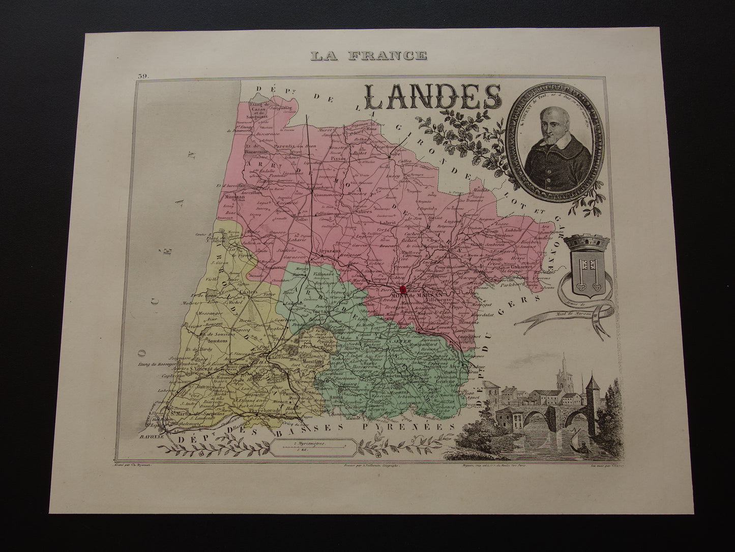 Oude kaart van Landes departement in Frankrijk uit 1880 originele antieke handgekleurde landkaart Mont de Marsan