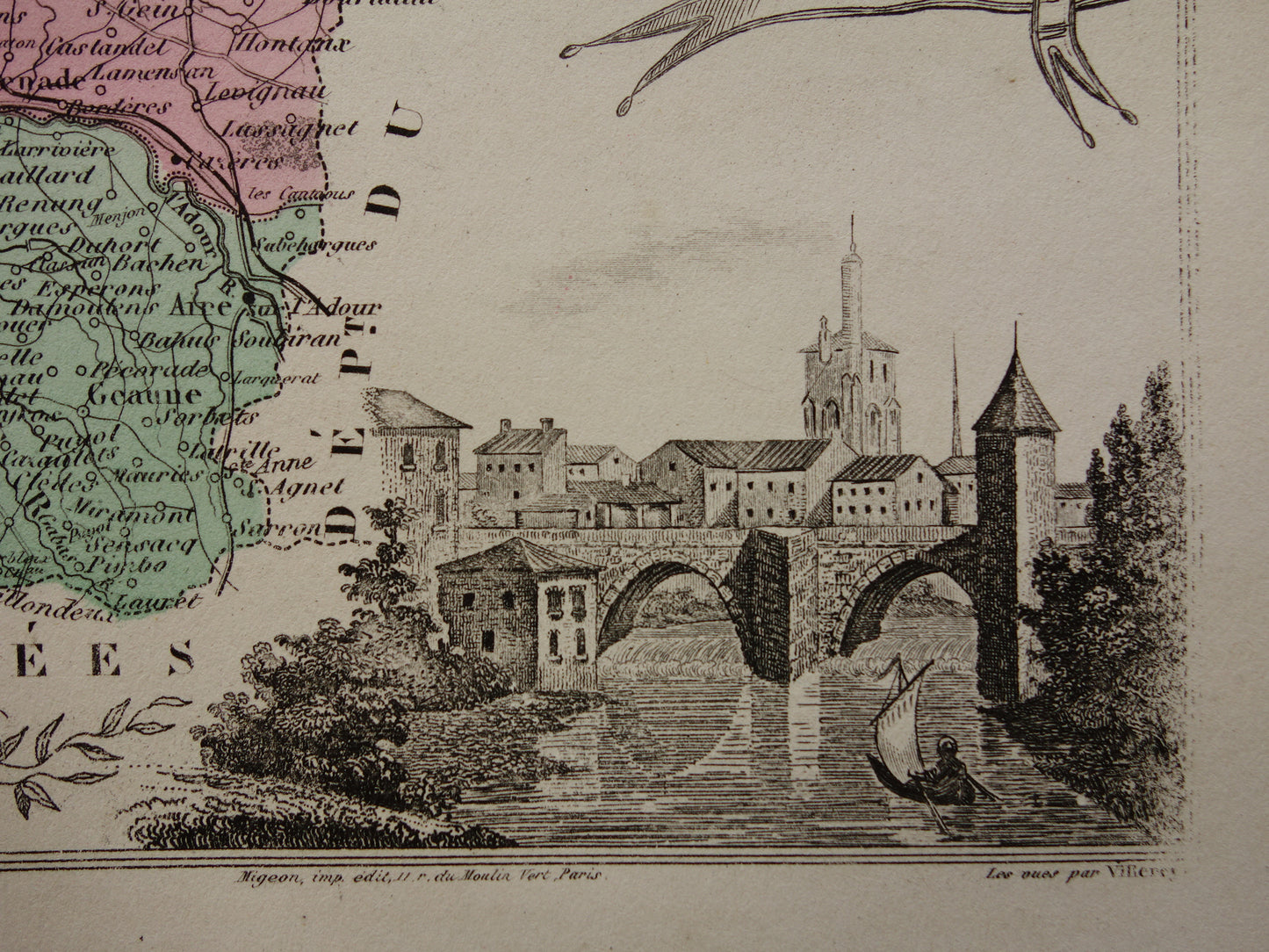 Oude kaart van Landes departement in Frankrijk uit 1880 originele antieke handgekleurde landkaart Mont de Marsan