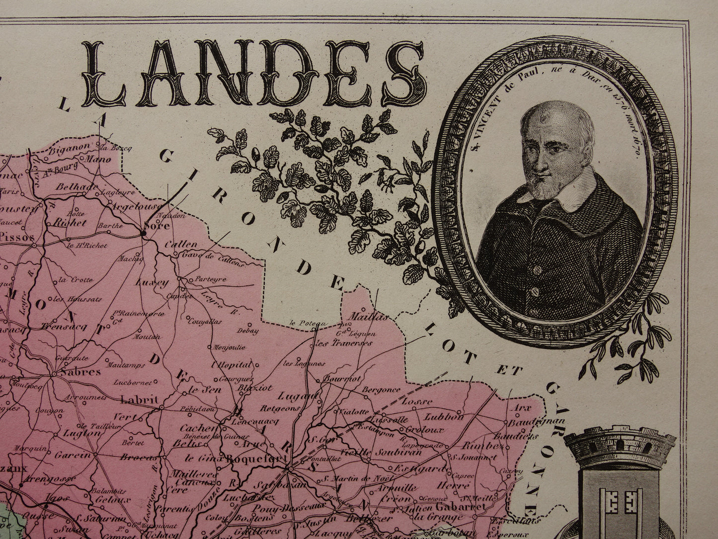 Oude kaart van Landes departement in Frankrijk uit 1880 originele antieke handgekleurde landkaart Mont de Marsan