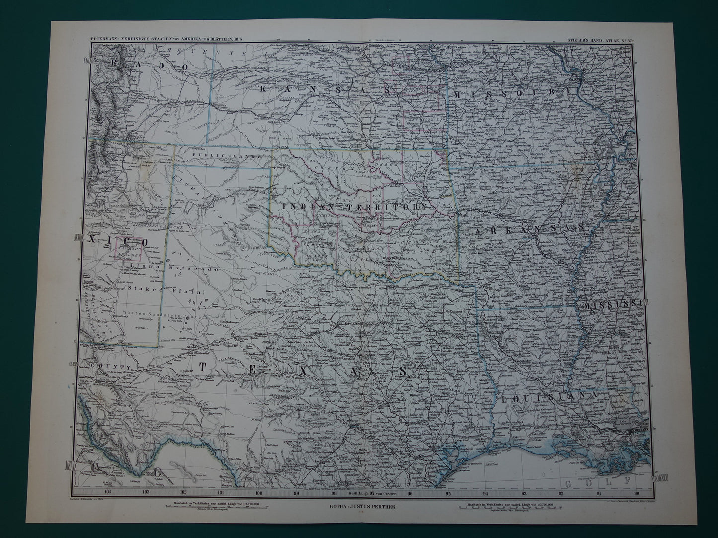 Antieke kaart van de VS uit 1884 originele oude landkaart Texas Arkansas Louisiana Missouri Kansas Oklahoma Verenigde Staten
