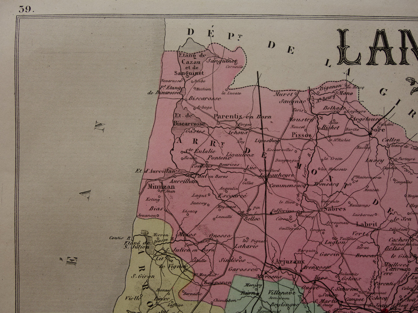 Oude kaart van Landes departement in Frankrijk uit 1880 originele antieke handgekleurde landkaart Mont de Marsan