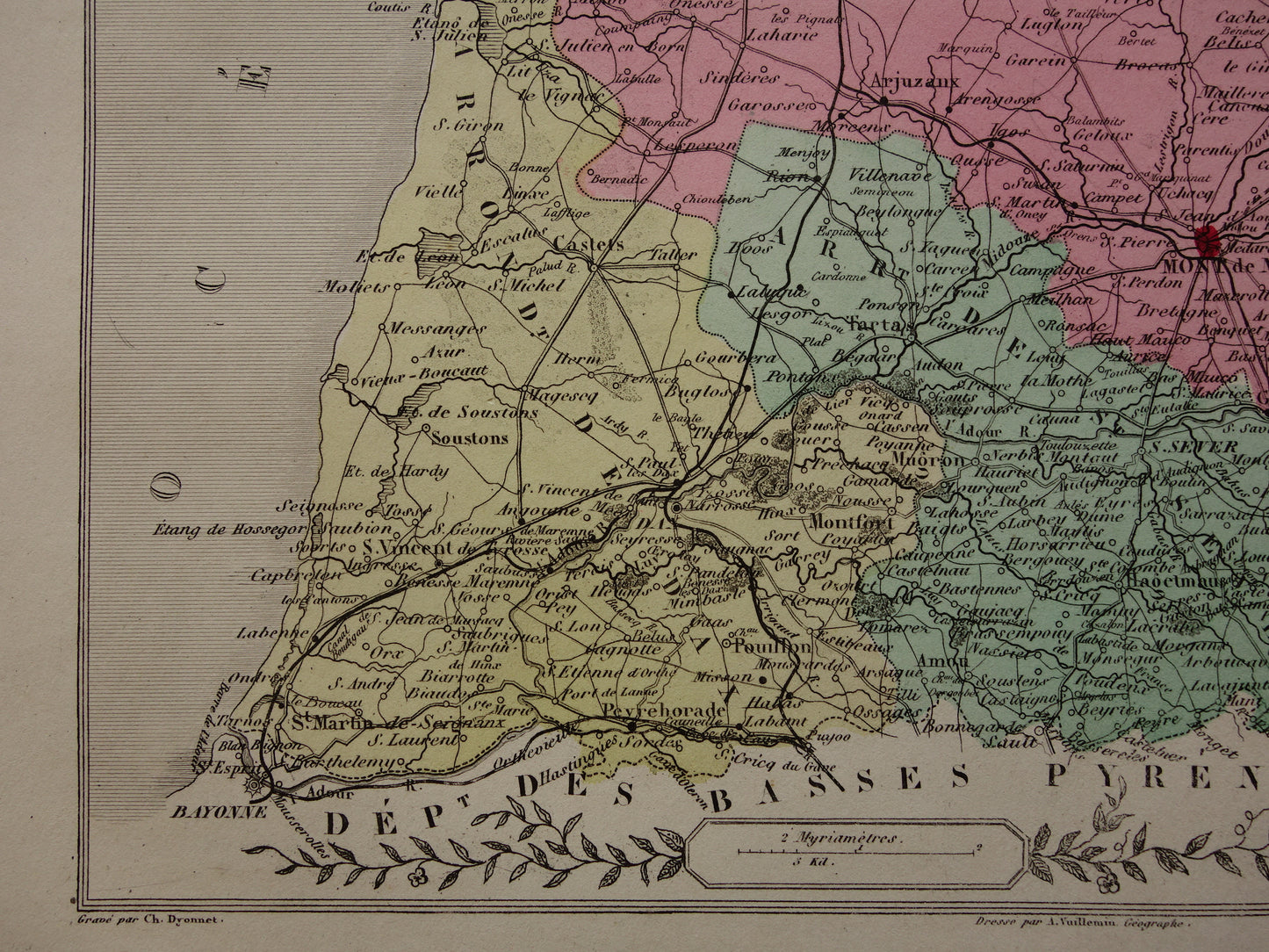Oude kaart van Landes departement in Frankrijk uit 1880 originele antieke handgekleurde landkaart Mont de Marsan
