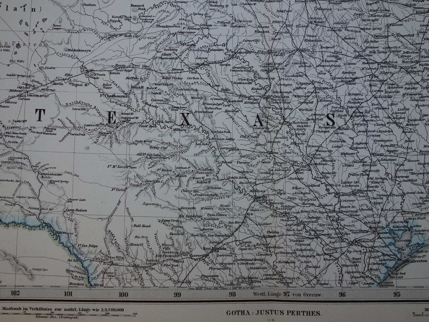 Antieke kaart van de VS uit 1884 originele oude landkaart Texas Arkansas Louisiana Missouri Kansas Oklahoma Verenigde Staten