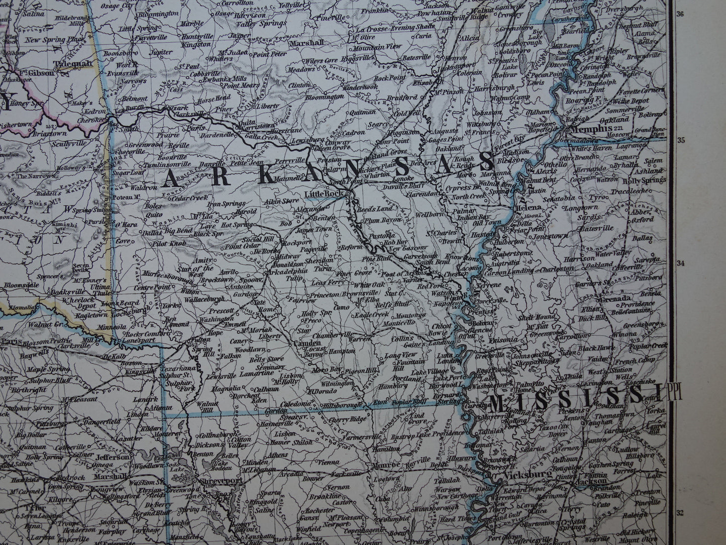 Antieke kaart van de VS uit 1884 originele oude landkaart Texas Arkansas Louisiana Missouri Kansas Oklahoma Verenigde Staten