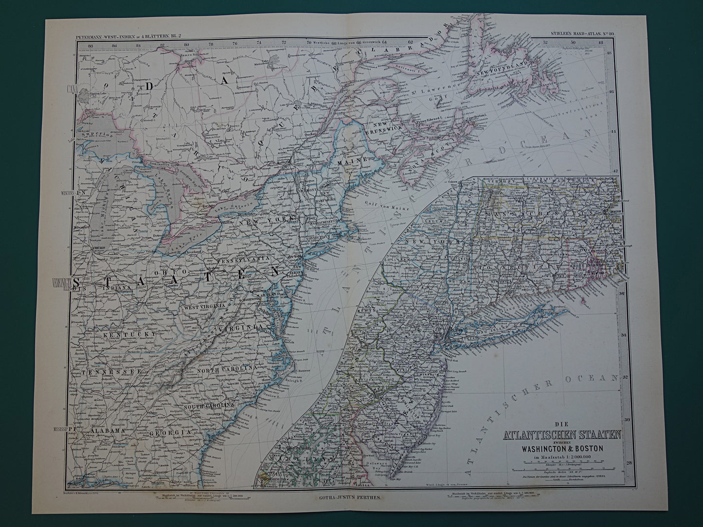 New Jersey Long Island Antieke kaart van de VS uit 1884 originele oude landkaart New York Connecticut Verenigde Staten